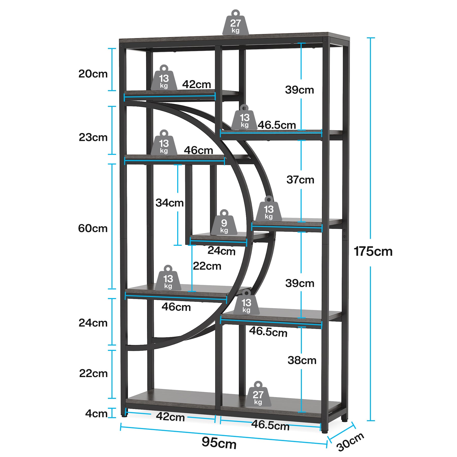 180 cm Tribesigns Boekenkast, Industriële 5-Lags Etagère met 9 Open Planken