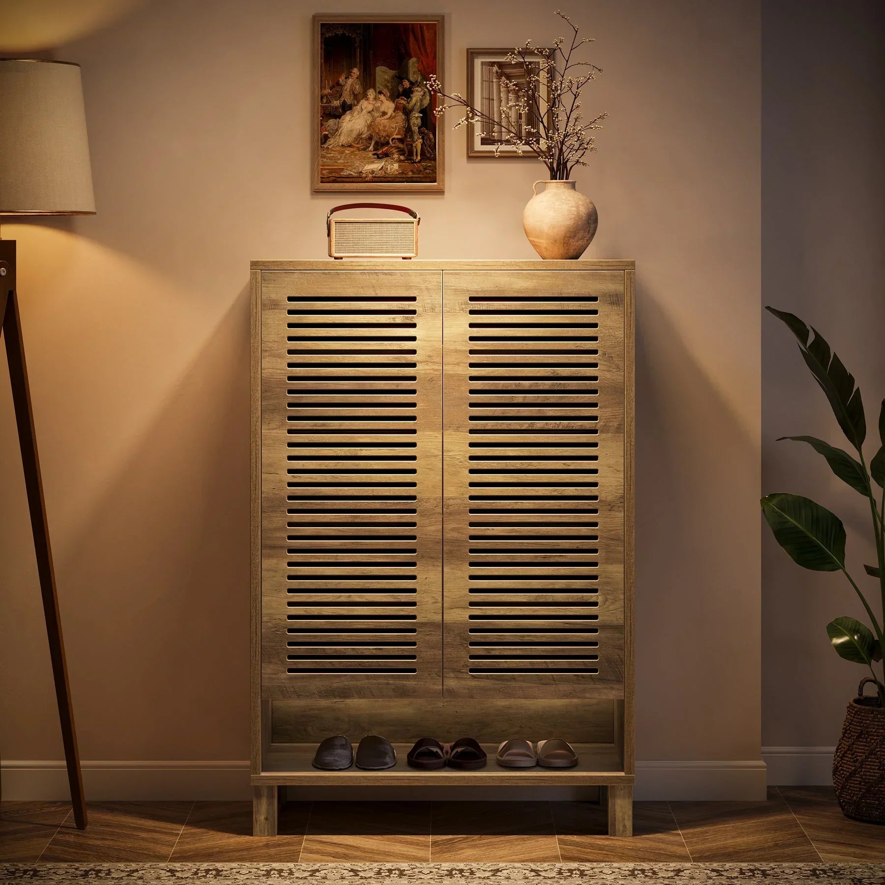 110 cm Schoenenkast, Landelijke Opbergkast met Zes Planken en Deuren voor Hal