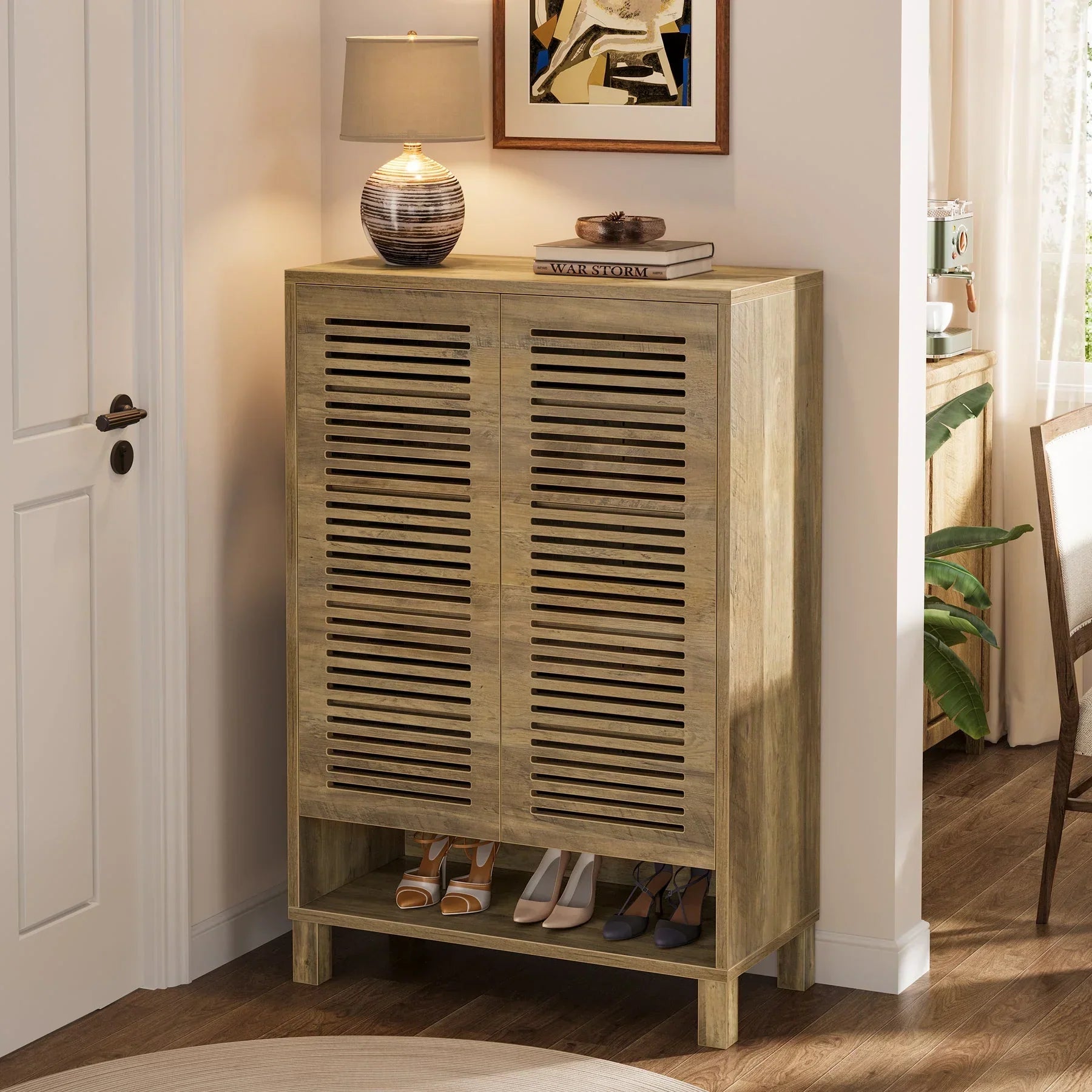 110 cm Schoenenkast, Landelijke Opbergkast met Zes Planken en Deuren voor Hal