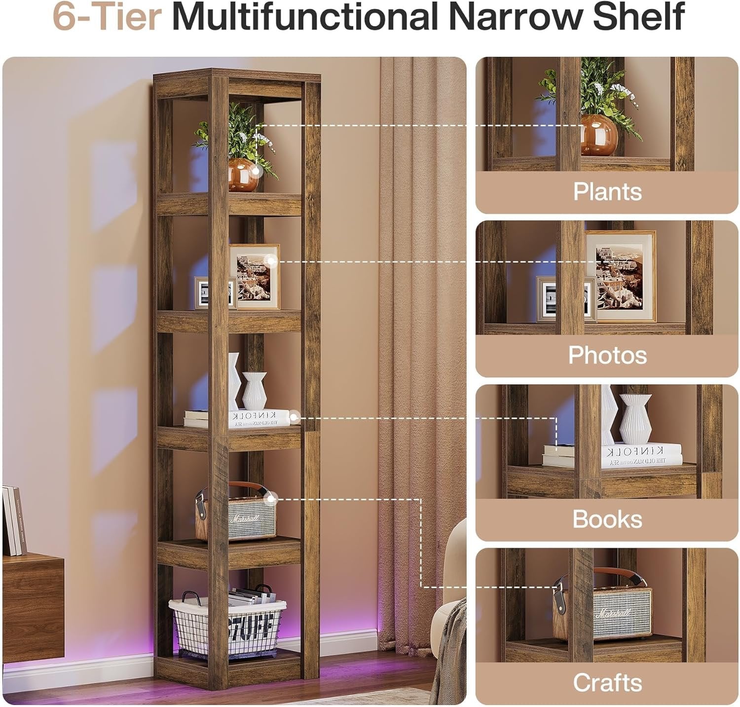 180 cm Tribesigns Boekenkast, 6-Lags Smalle Hoekplank voor Kleine Ruimtes