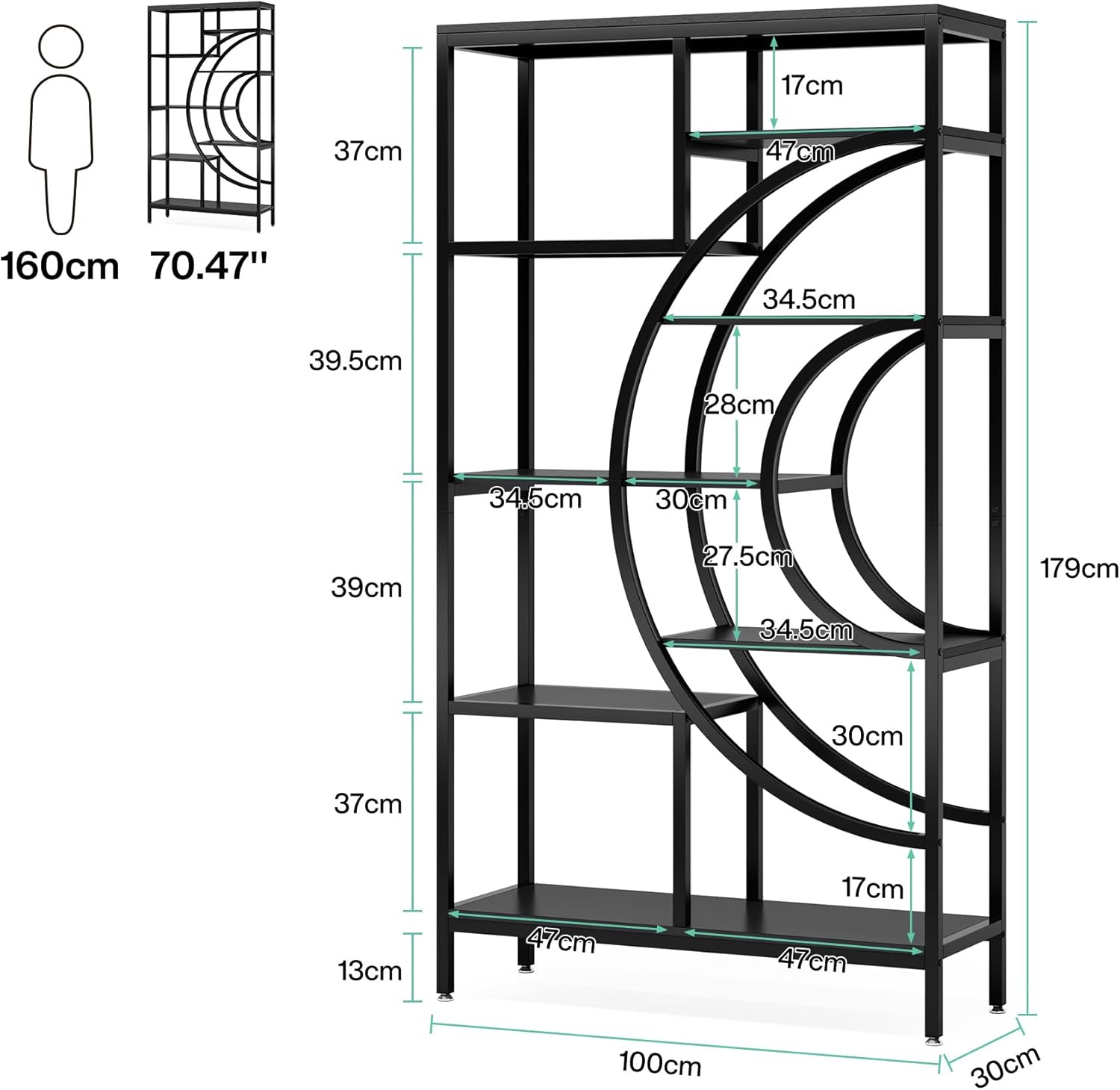 180 cm Geometrische Boekenkast, Industriële 8-Lags Boekenplank met Metalen Frame