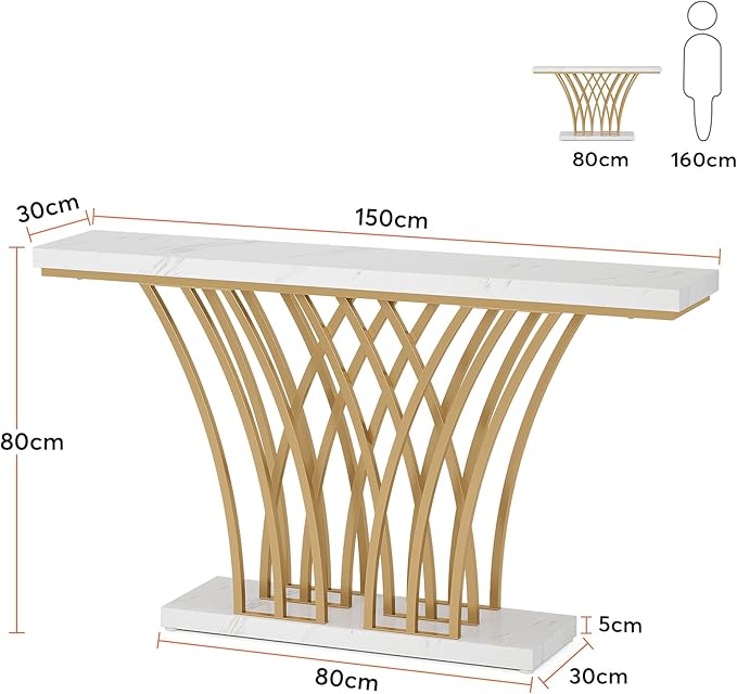 150 cm Gouden Consoletafel, Moderne Entreetafel met Raster Basis voor Hal en Woonkamer