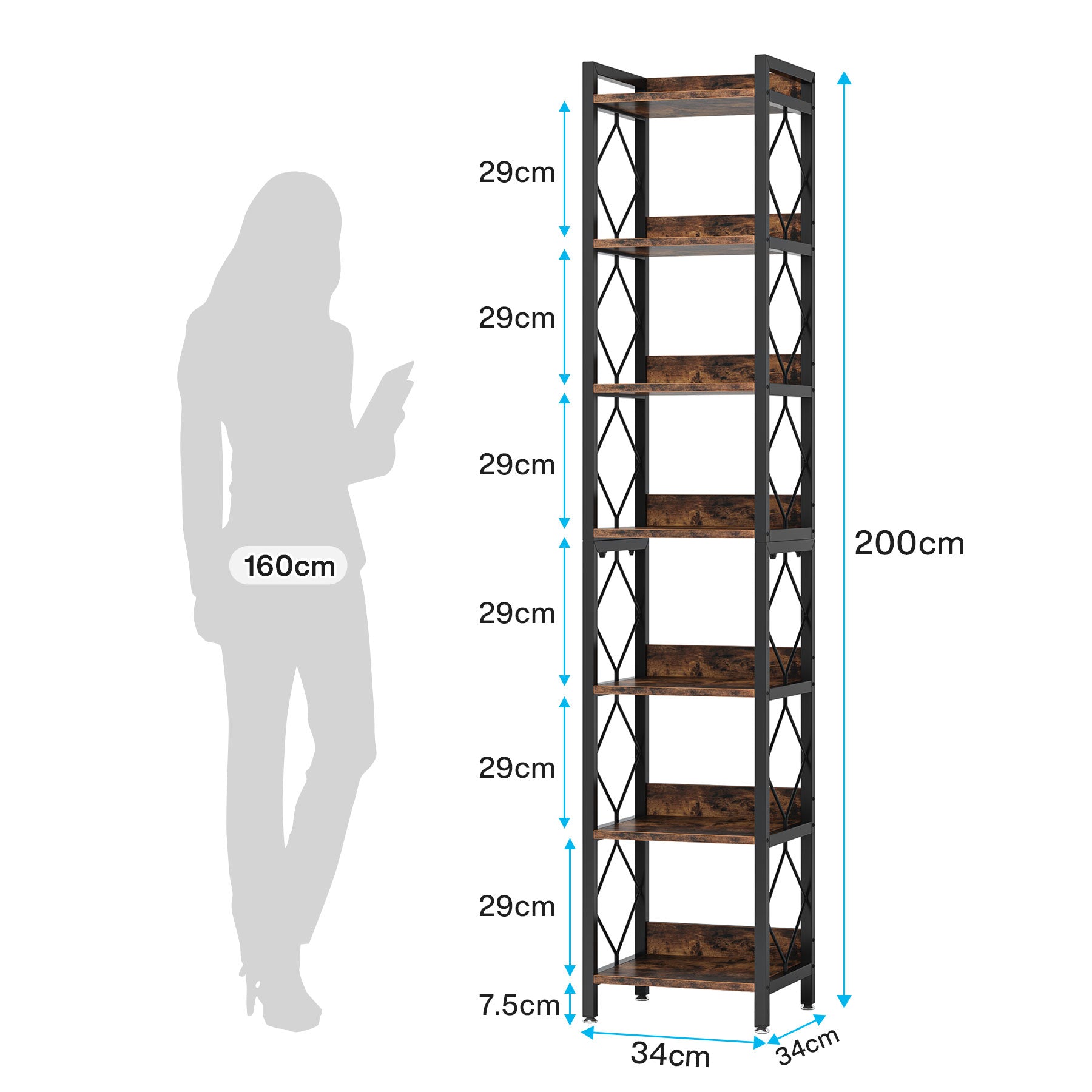 200 cm Hoge Boekenkast, Zeven Planken Opbergmeubel voor Kantoor en Woonkamer