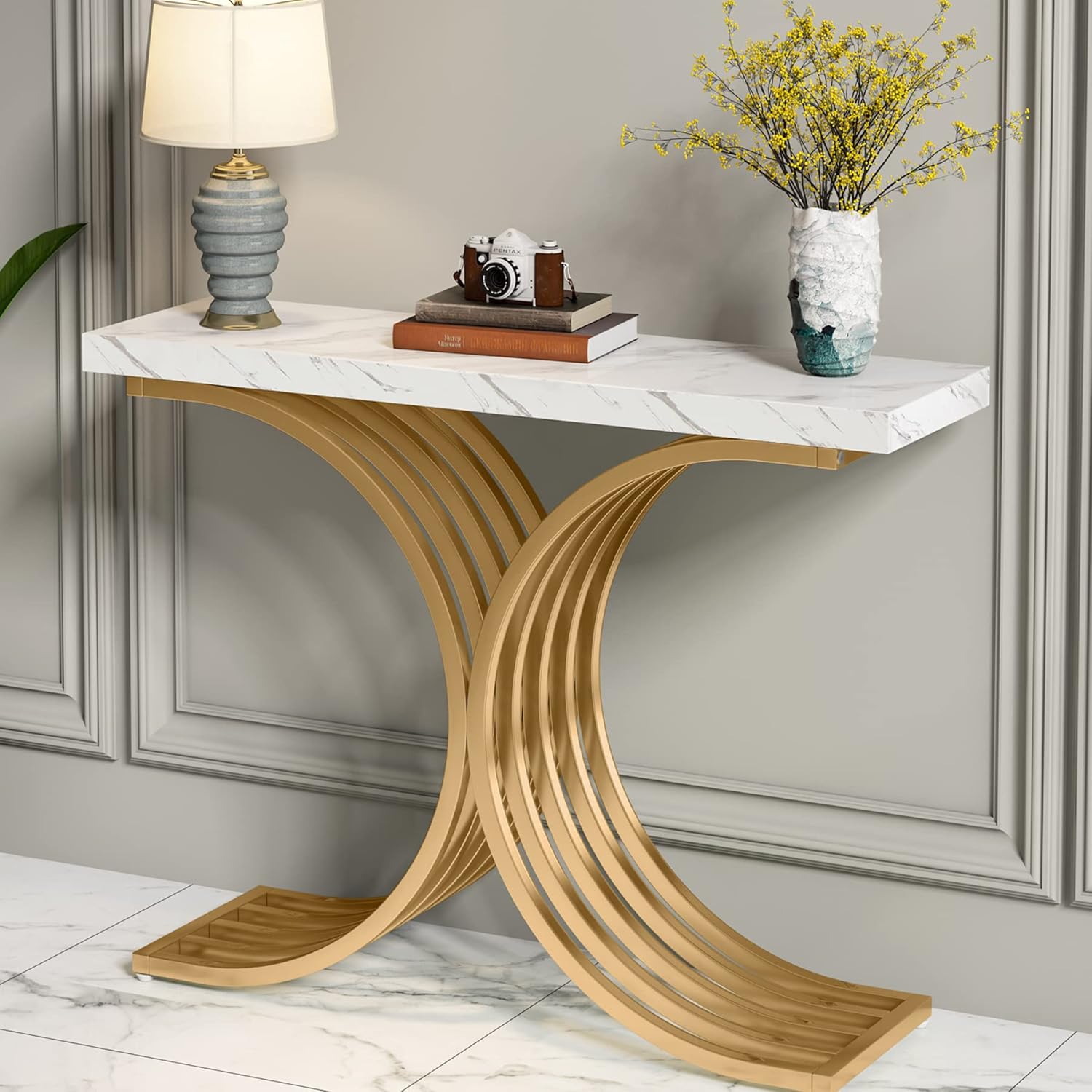 100 cm Smalle Console Tafel, Zijdelingse Tafel met Gouden Metaal Frame