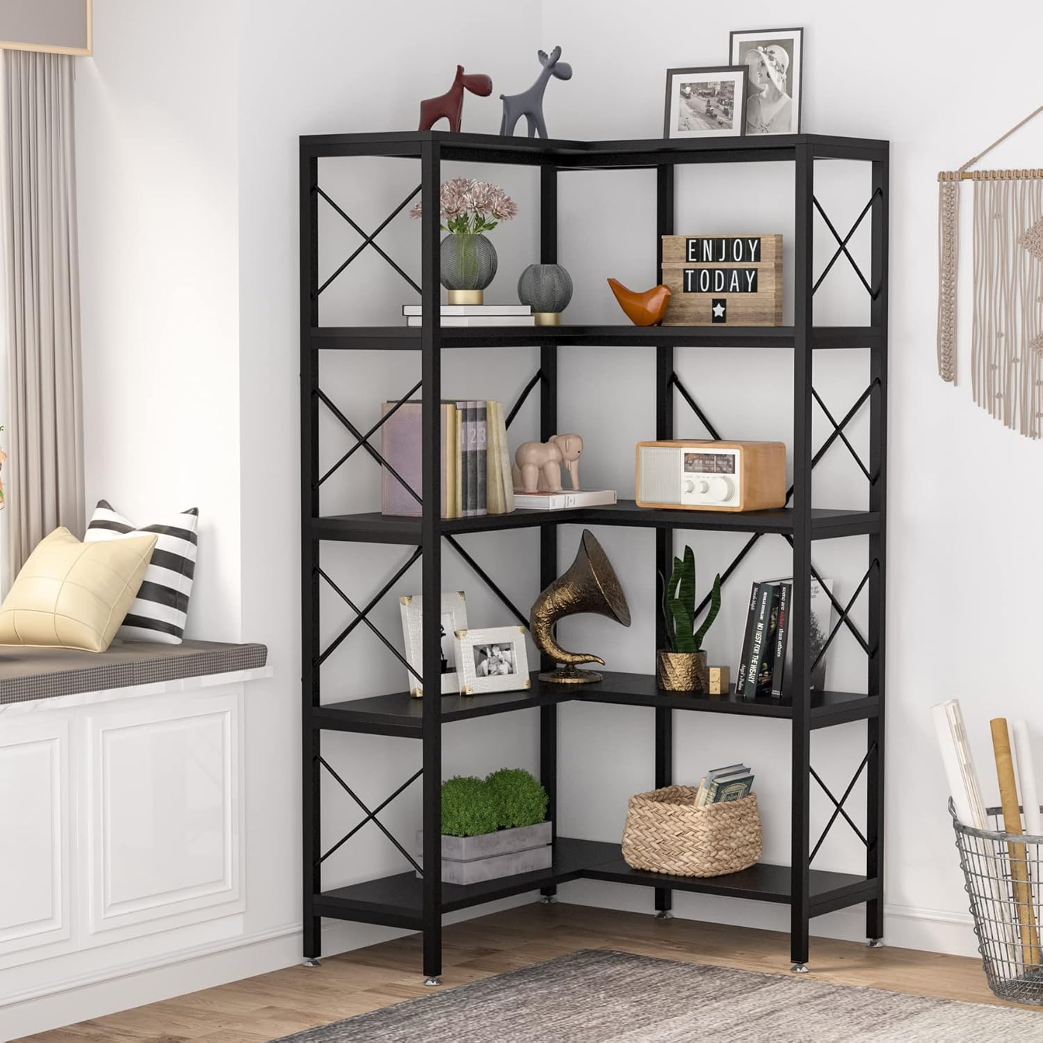 180 cm Moderne Hoekboekenkast, 5 Planken met Metaal Frame in Bruine Afwerking