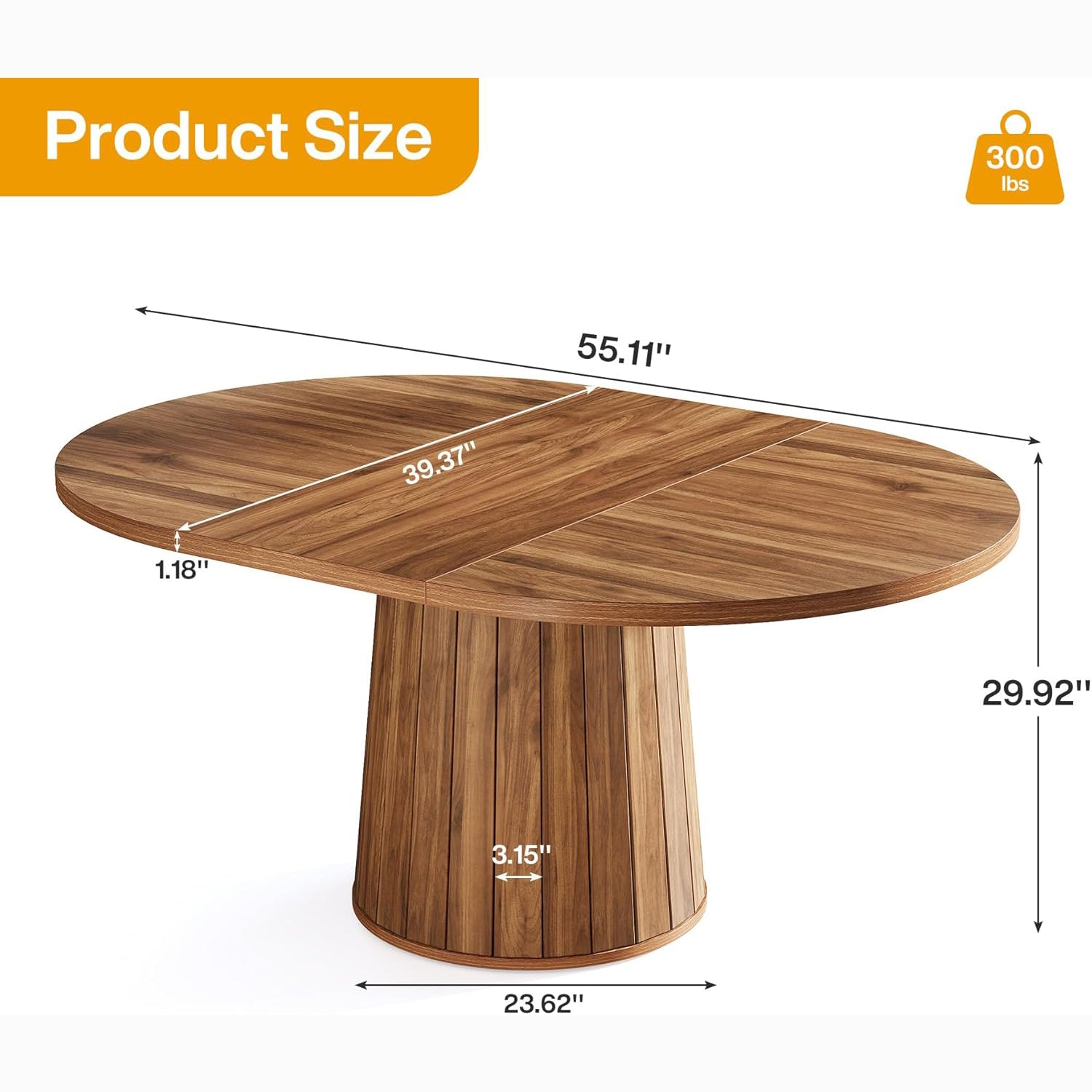 140 cm Ovale Eettafel voor 6 Personen, Boerderijstijl met Massief Houten Blad en Cilindrische Basis in Bruin