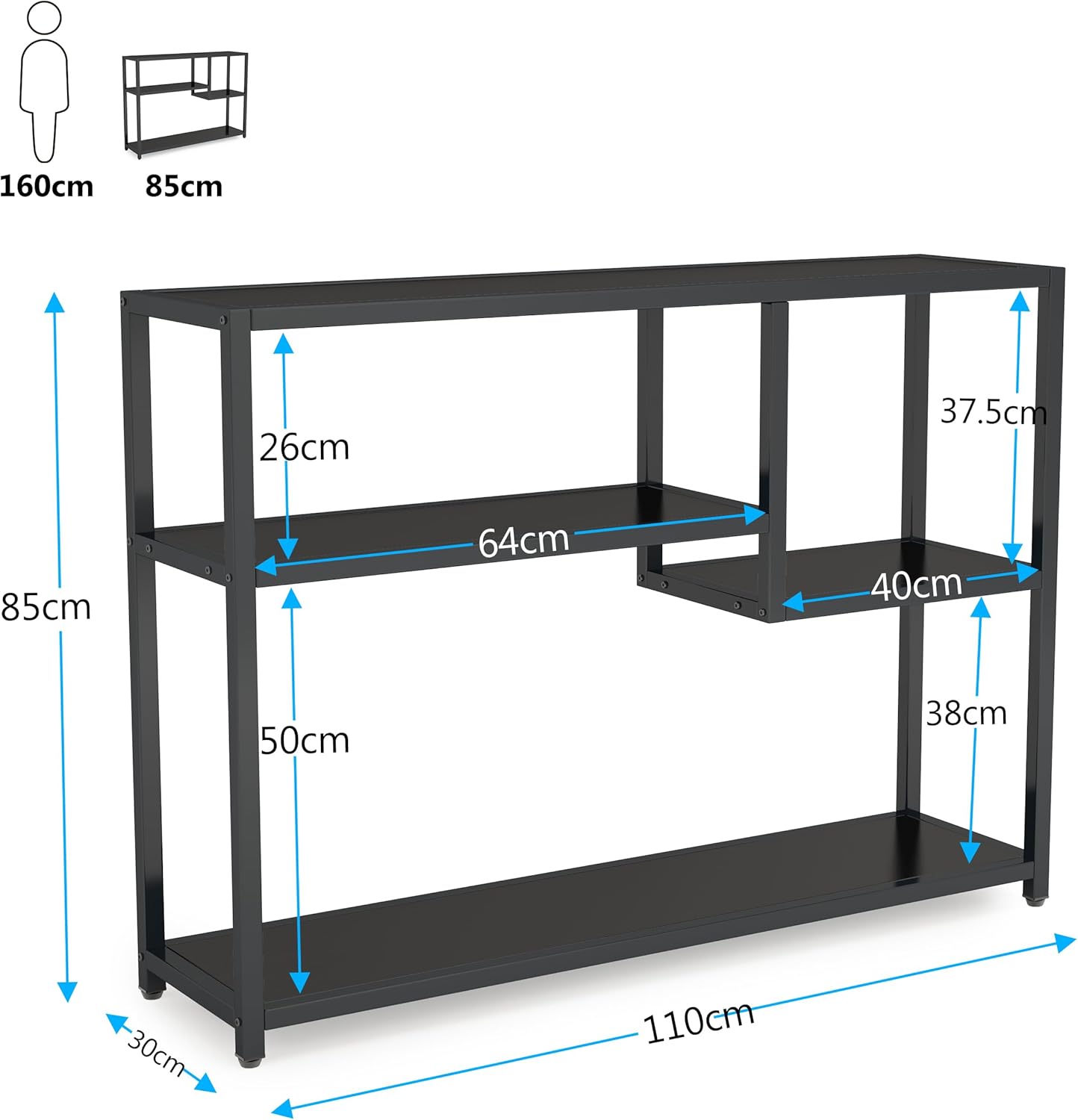 108 cm Consoletafel met Opbergvakken, Zwarte Bijzettafel Voor Entreehal en Woonkamer