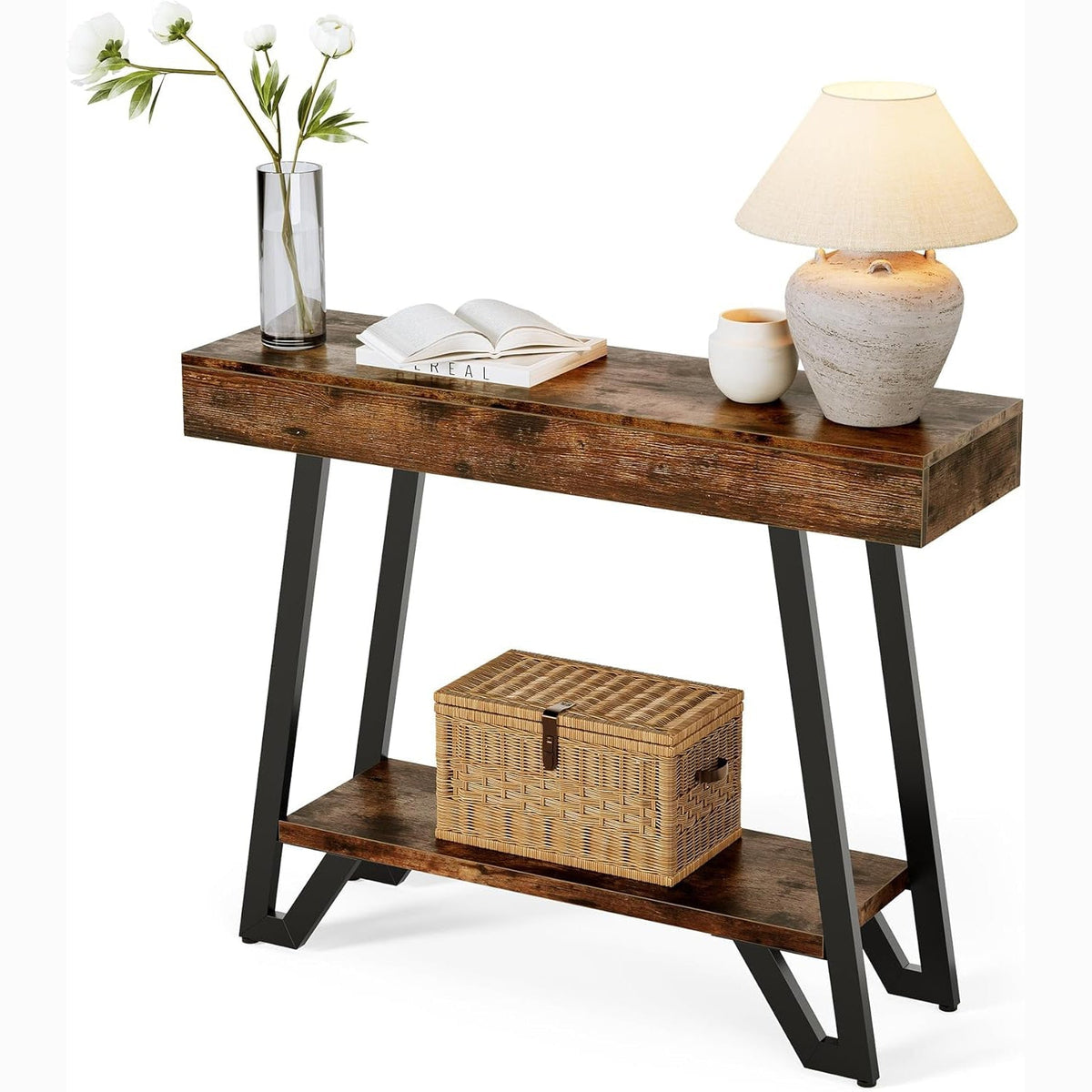 Tribesigns 103 cm Rustieke Industriële Consoletafel met 2 Opbergniveaus, Smalle Sidetable voor Hal en Woonkamer