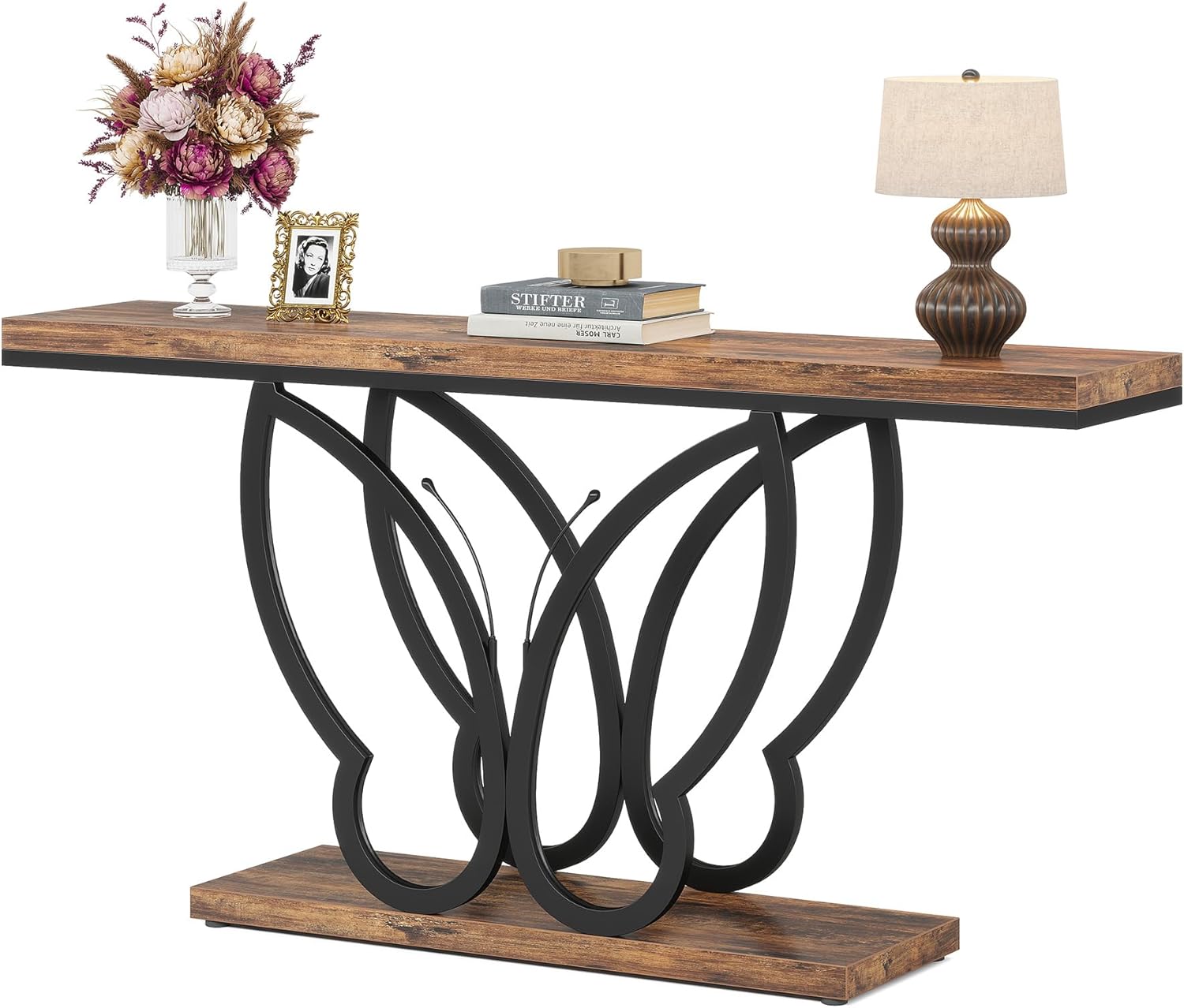 140 cm Boerenstijl Consoletafel, Smalle Houten Banktafel met Vlinderframe in Bruin en Zwart