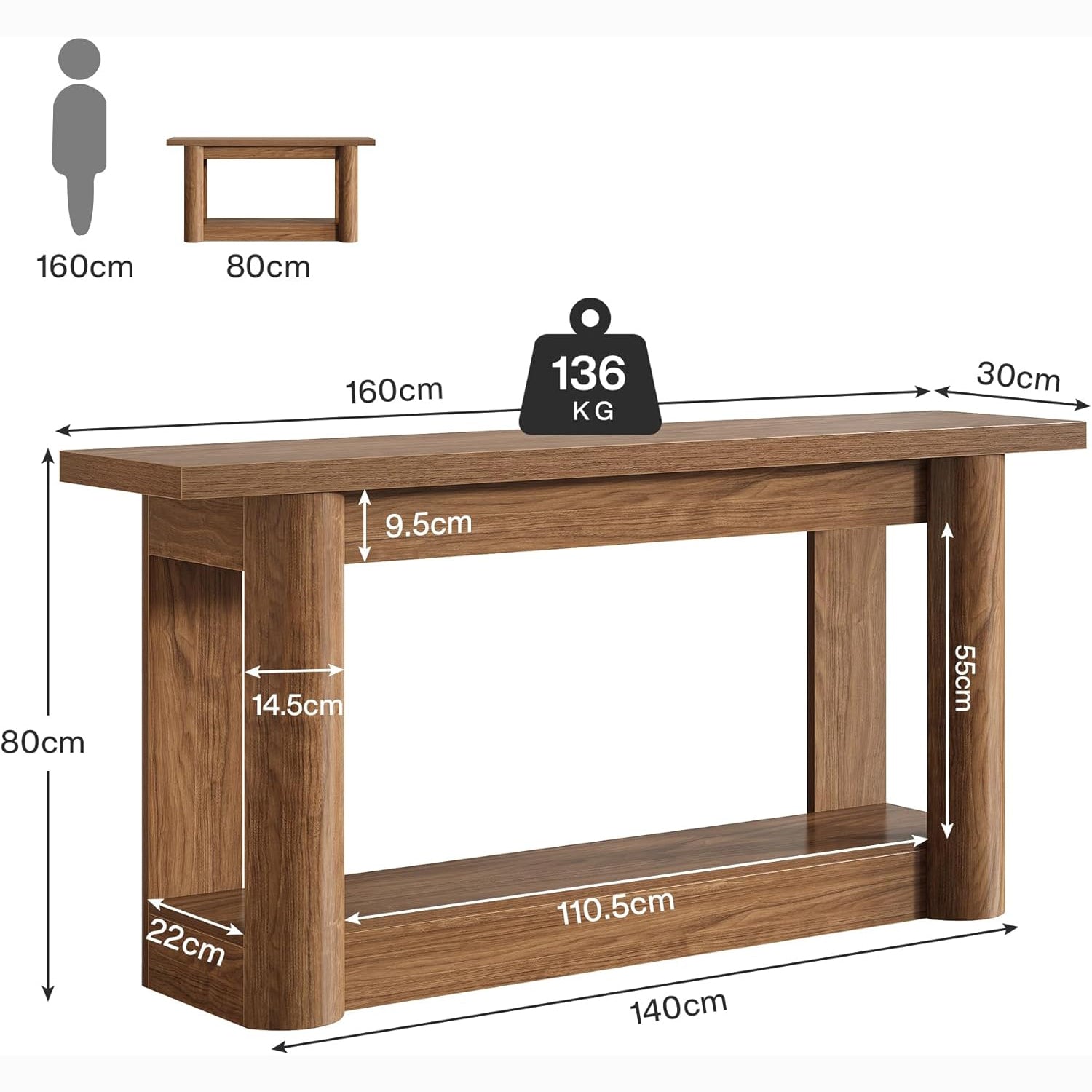 160 cm Landelijke Console met 2 Planken, Smalle Lange Salontafel in Rustiek Bruin voor Hal en Entree