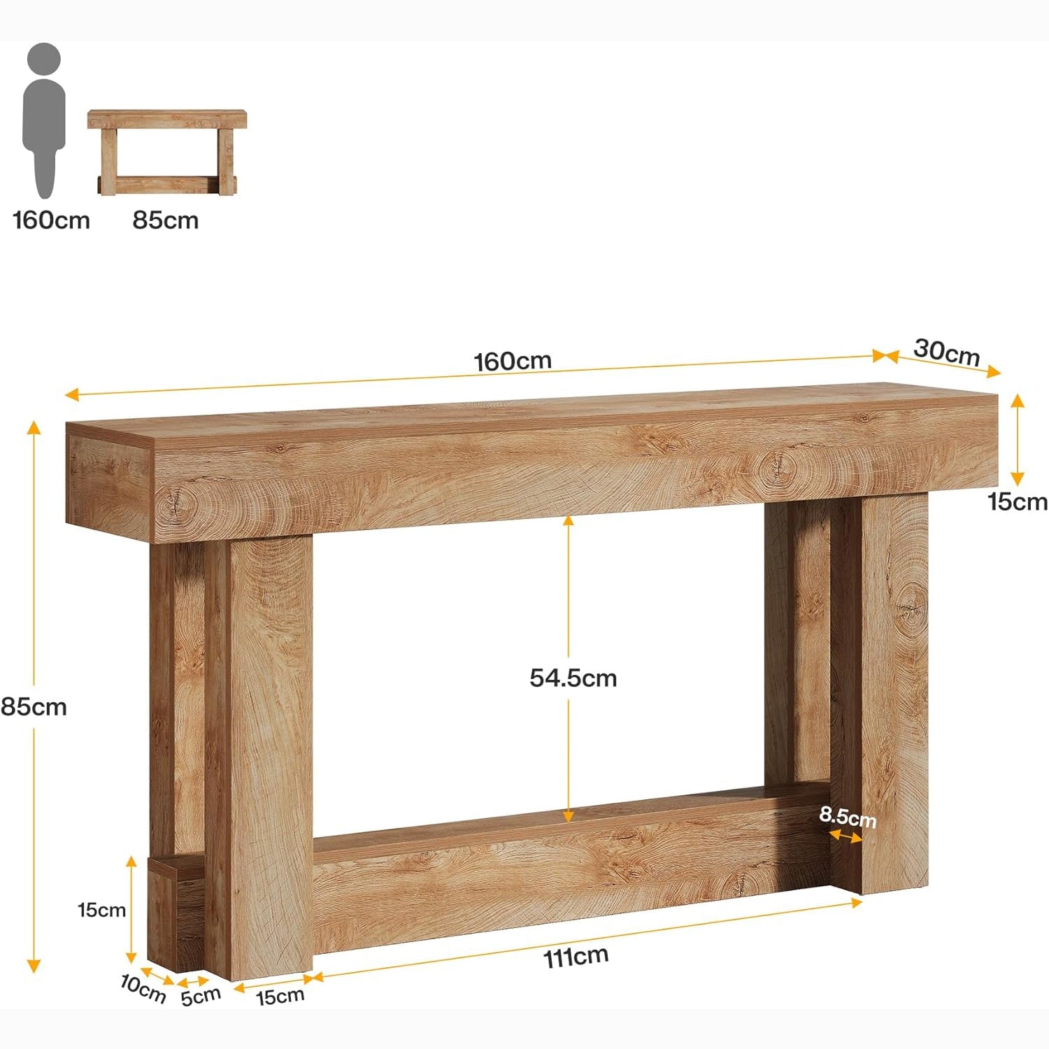 63 cm Lange Consoletafel met Opbergruimte, Tweelaags Bijzettafel in Warmbruin achter de Bank