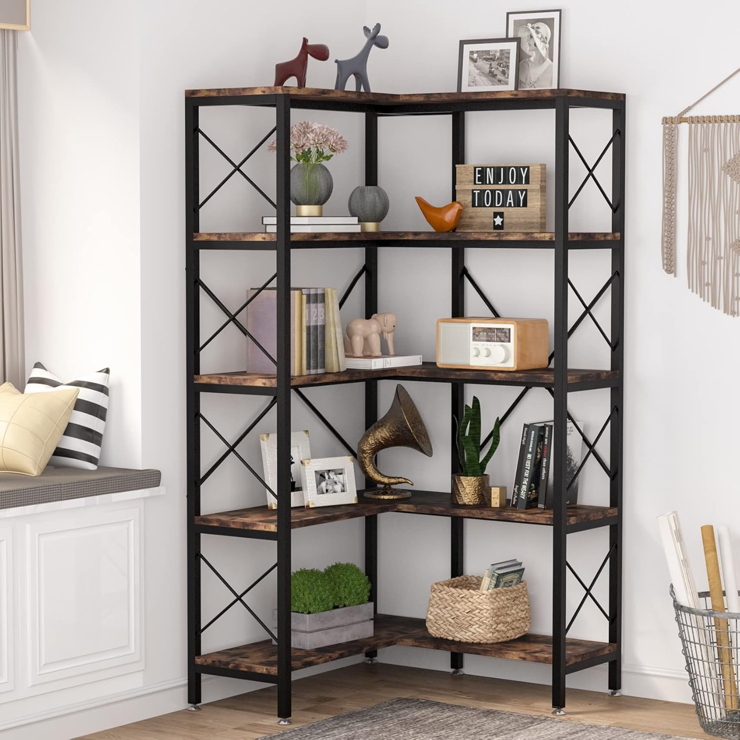180 cm Moderne Hoekboekenkast, 5 Planken met Metaal Frame in Bruine Afwerking