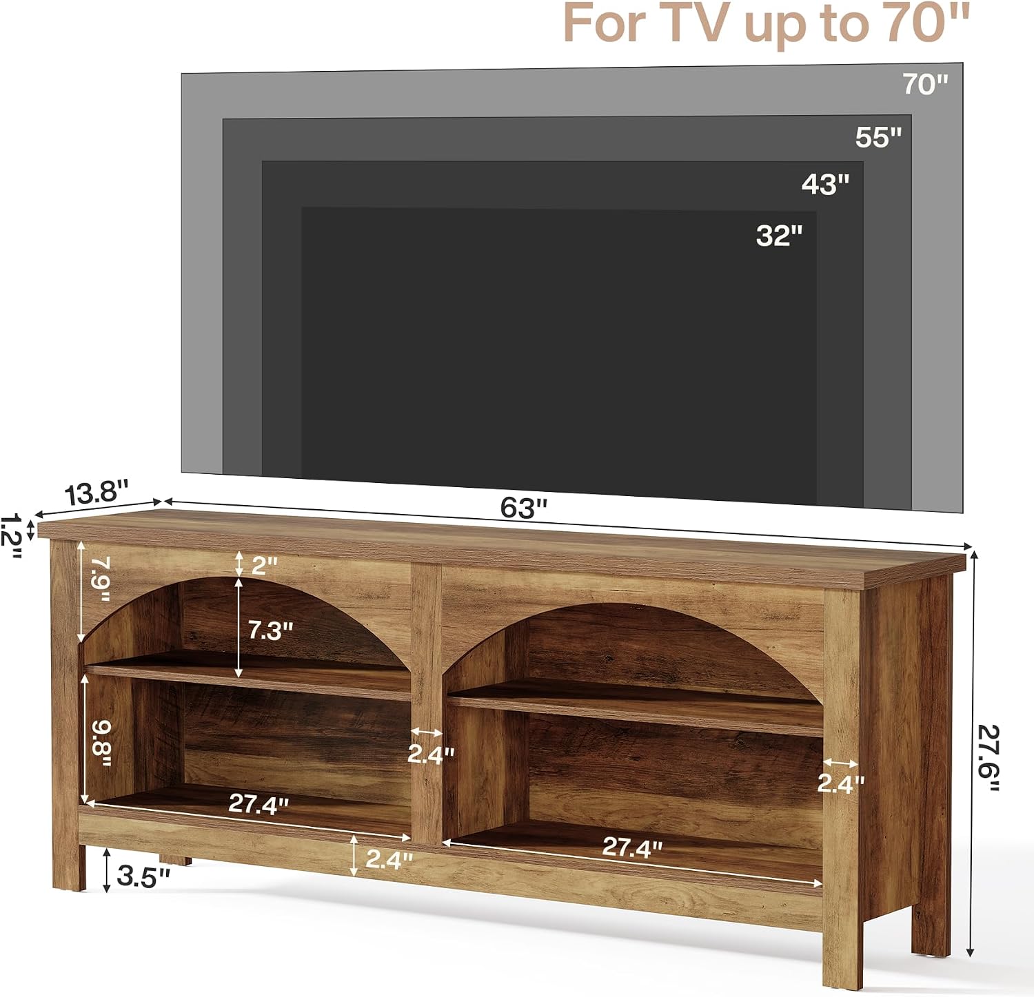 160 cm TV-meubel, landelijk entertainmentsysteem met 2-laags plank