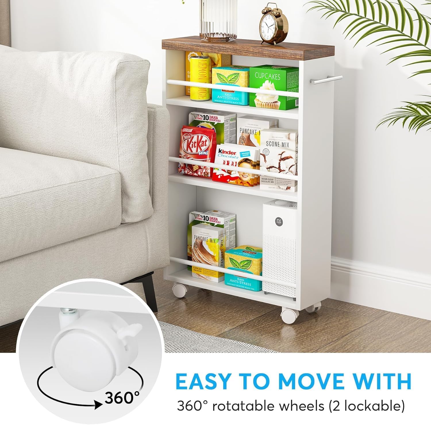 Slanke Opbergwagen van 4 Verdiepingen, Uittrekbare Keukentrolley op Wielen voor Kleine Ruimtes