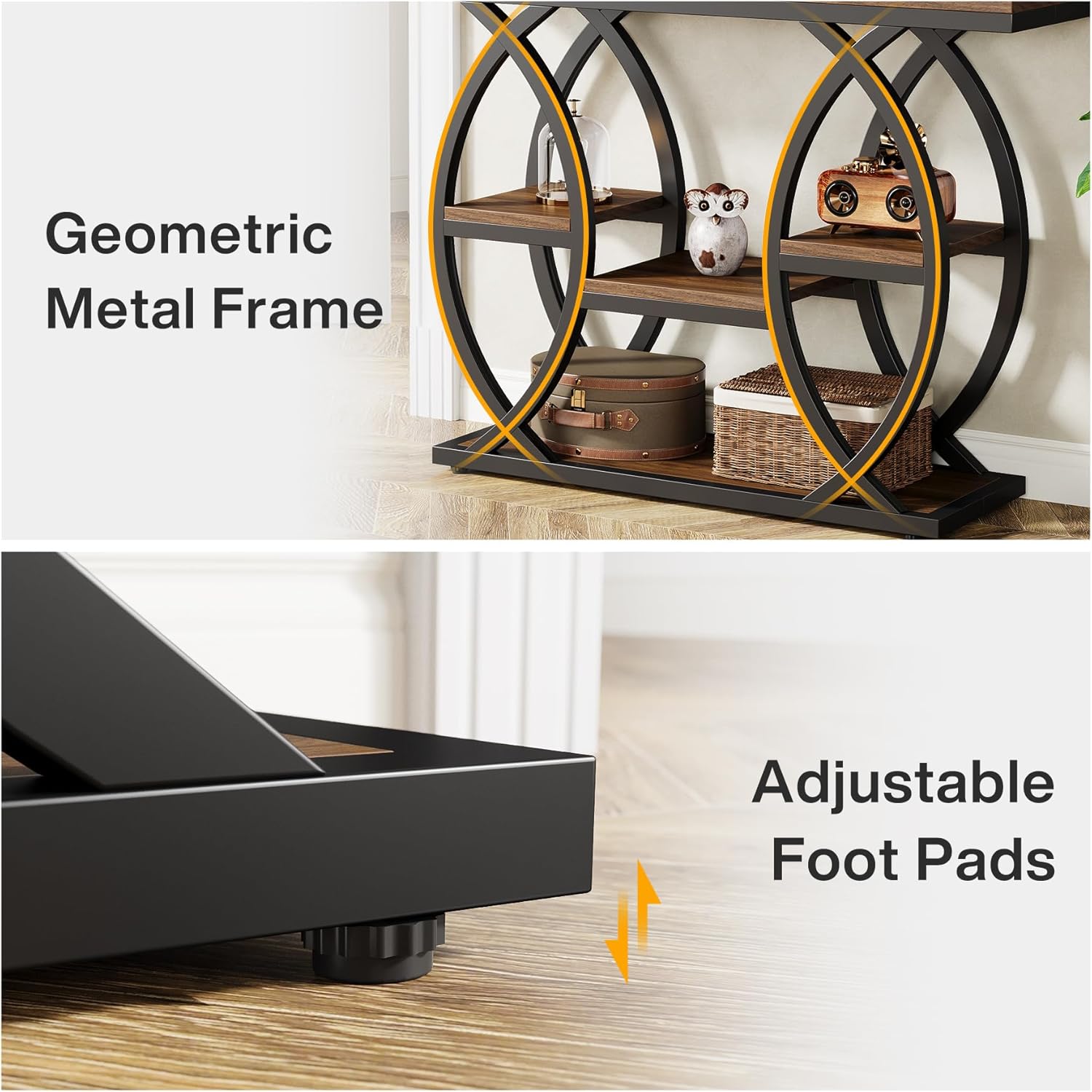 Industrieel Consoletafel 100 cm met 4 Opbergplanken, Smalle Houten Bijzettafel voor hal en Kleine Ruimtes