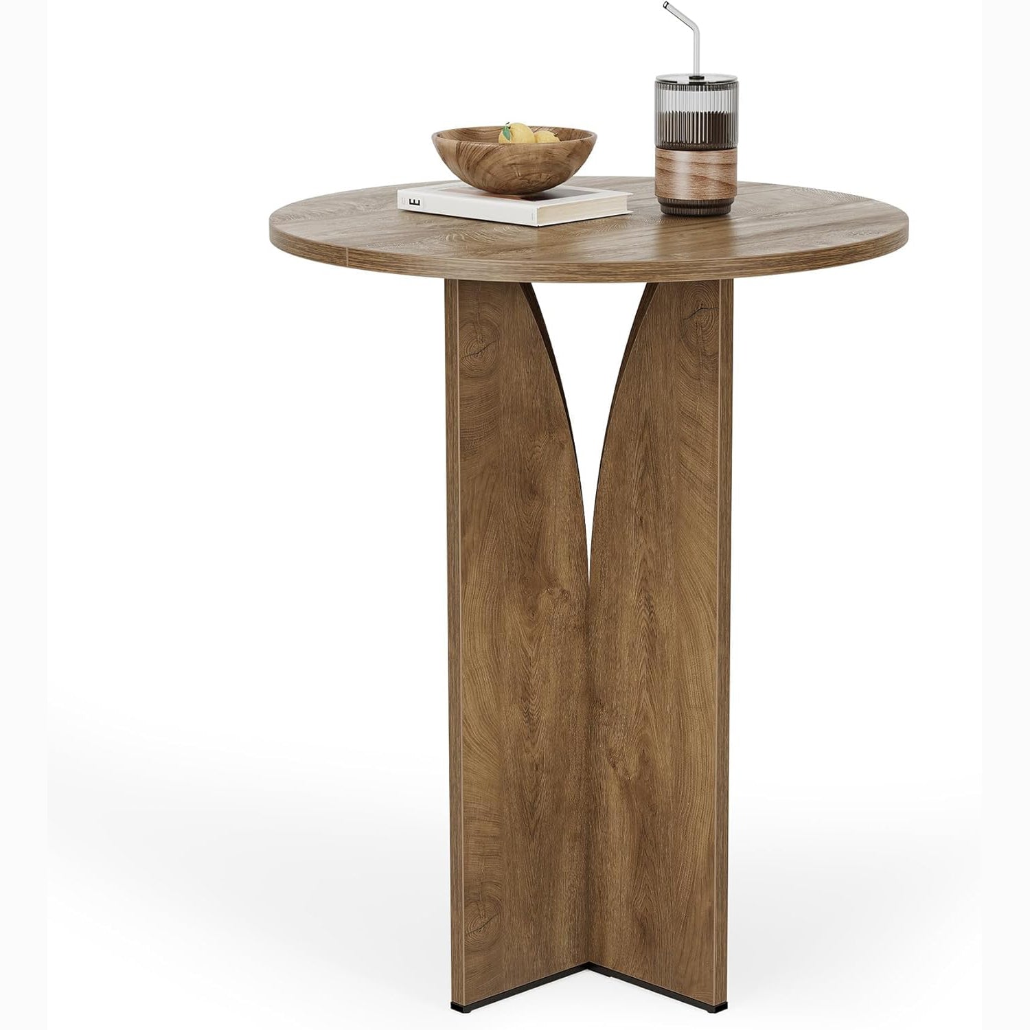 80cm Ronde Bartafel met Staatafelhoogte, Massief Houten Bar voor Bistro en Woonkamer in Bruine Afwerking