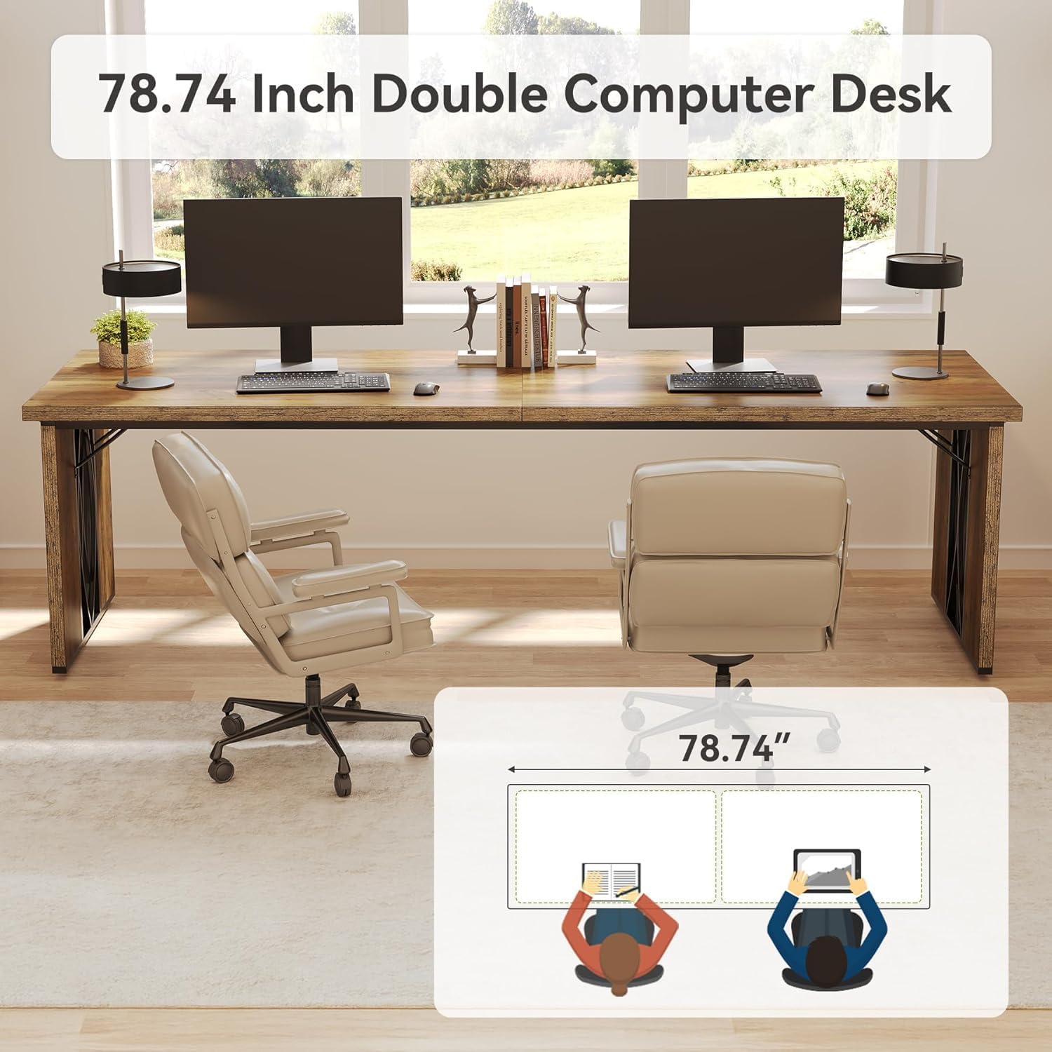 200 cm Bureau voor Twee Personen, Landelijke Lange Schrijftafel voor Thuiskantoor