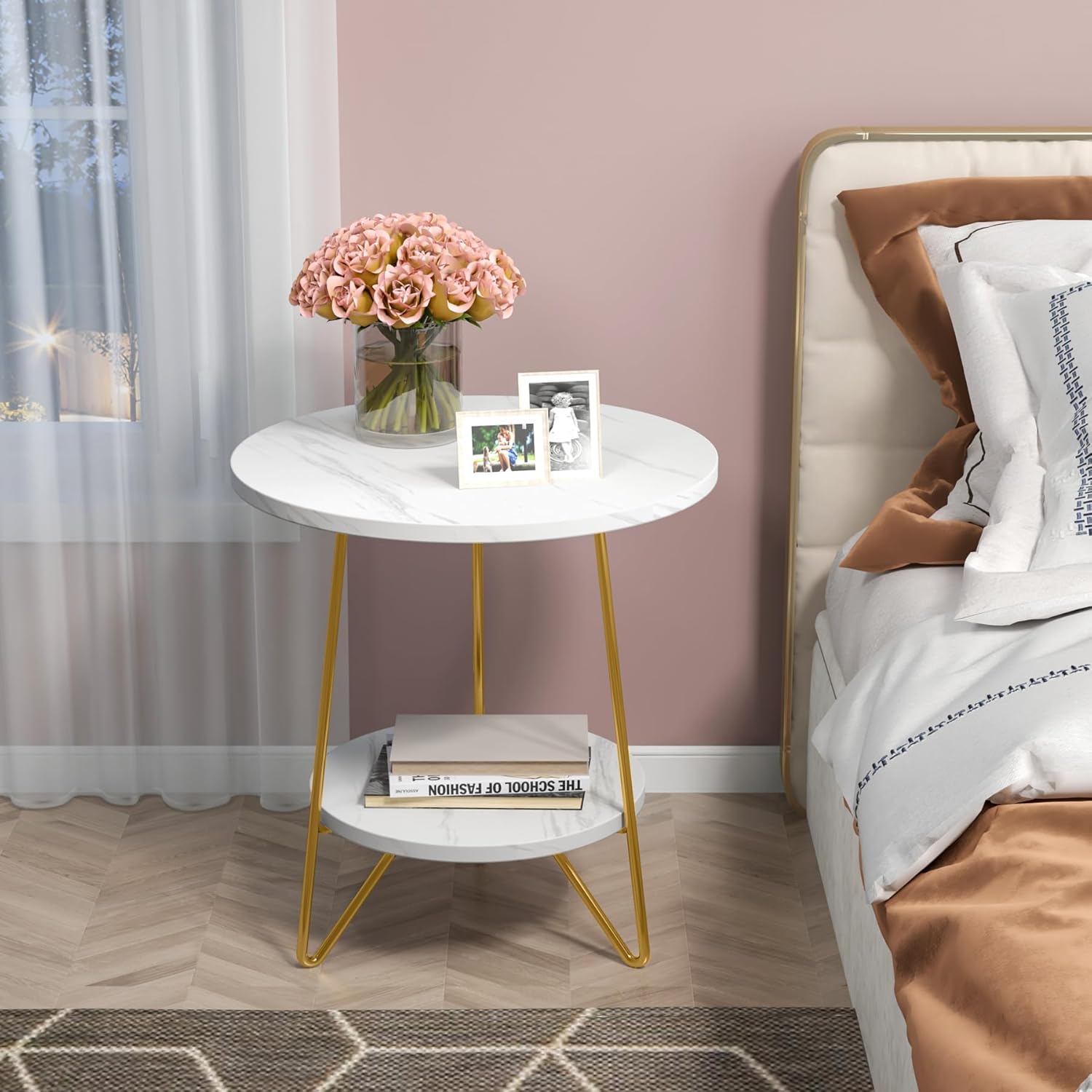 48 cm Ronde Bijzettafel met 2 Planken, Moderne Kunstmarmer Salontafel in Wit en Goud