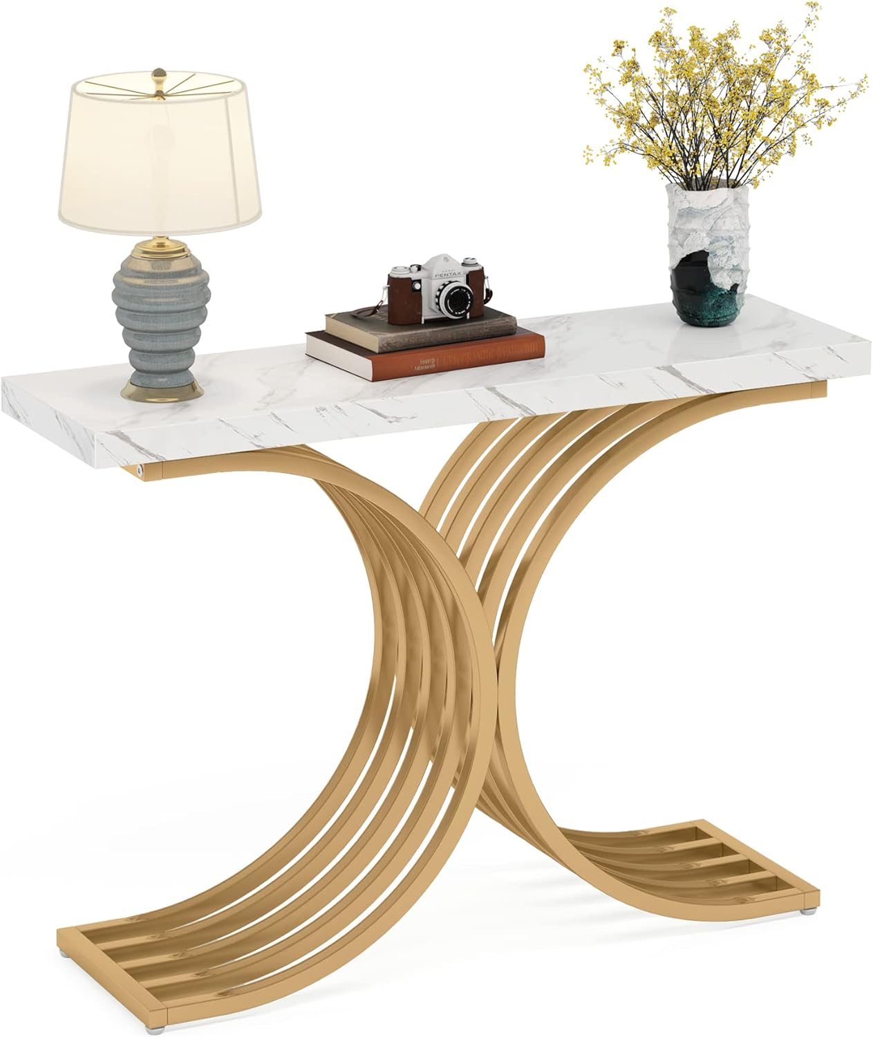 100 cm Smalle Console Tafel, Zijdelingse Tafel met Gouden Metaal Frame