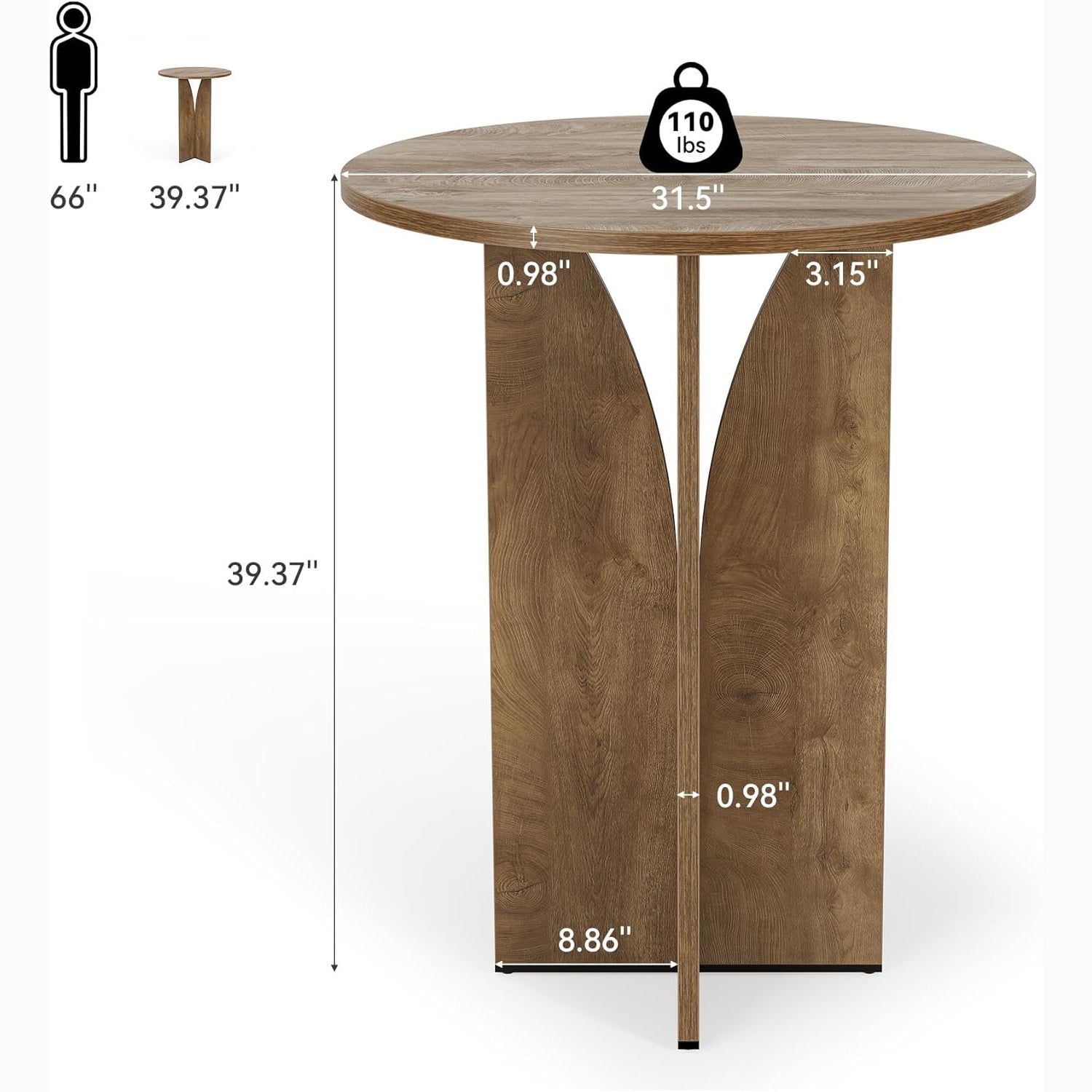 80cm Ronde Bartafel met Staatafelhoogte, Massief Houten Bar voor Bistro en Woonkamer in Bruine Afwerking