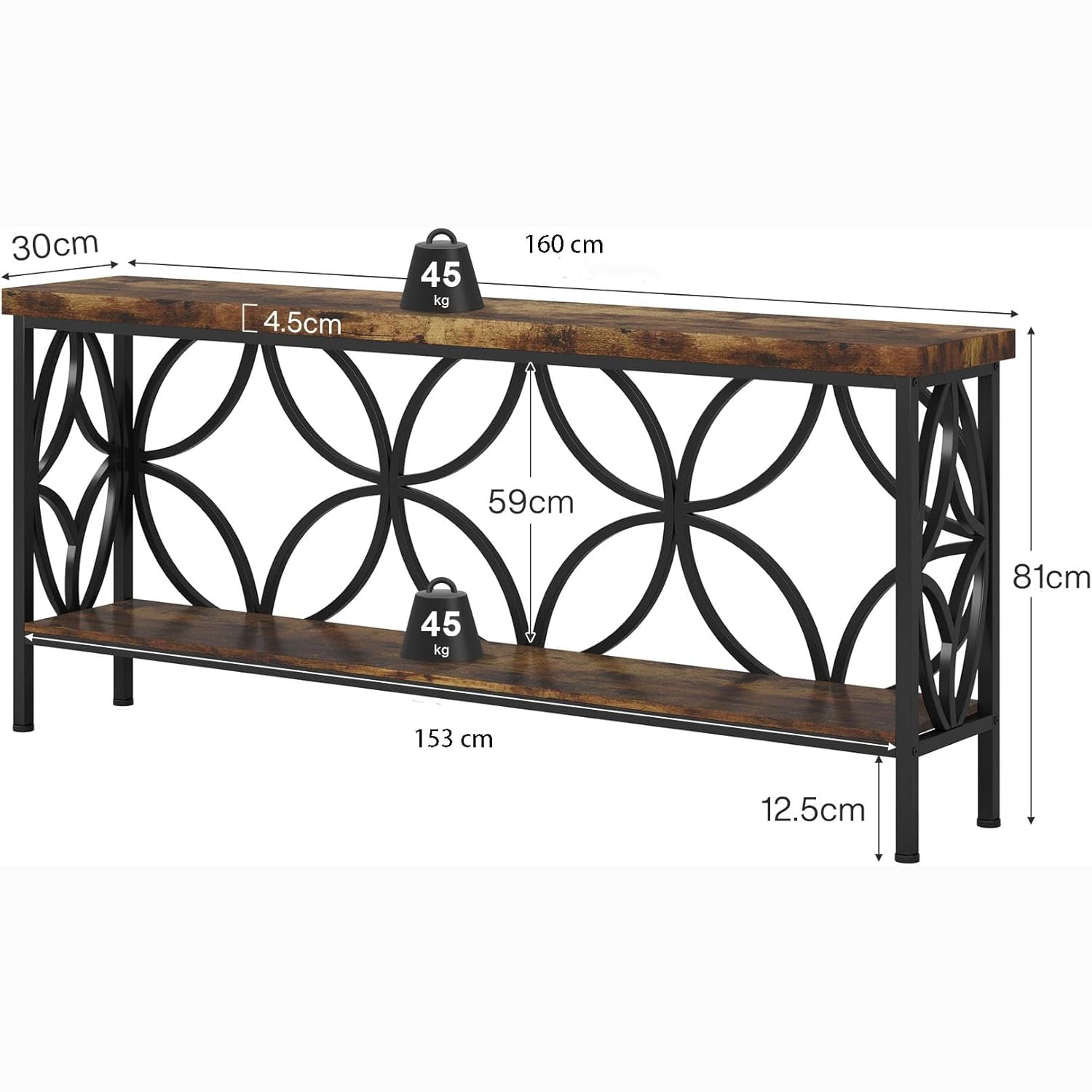160 cm Smalle Consoletafel, Industriele Opbergconsole voor Hal en Woonkamer
