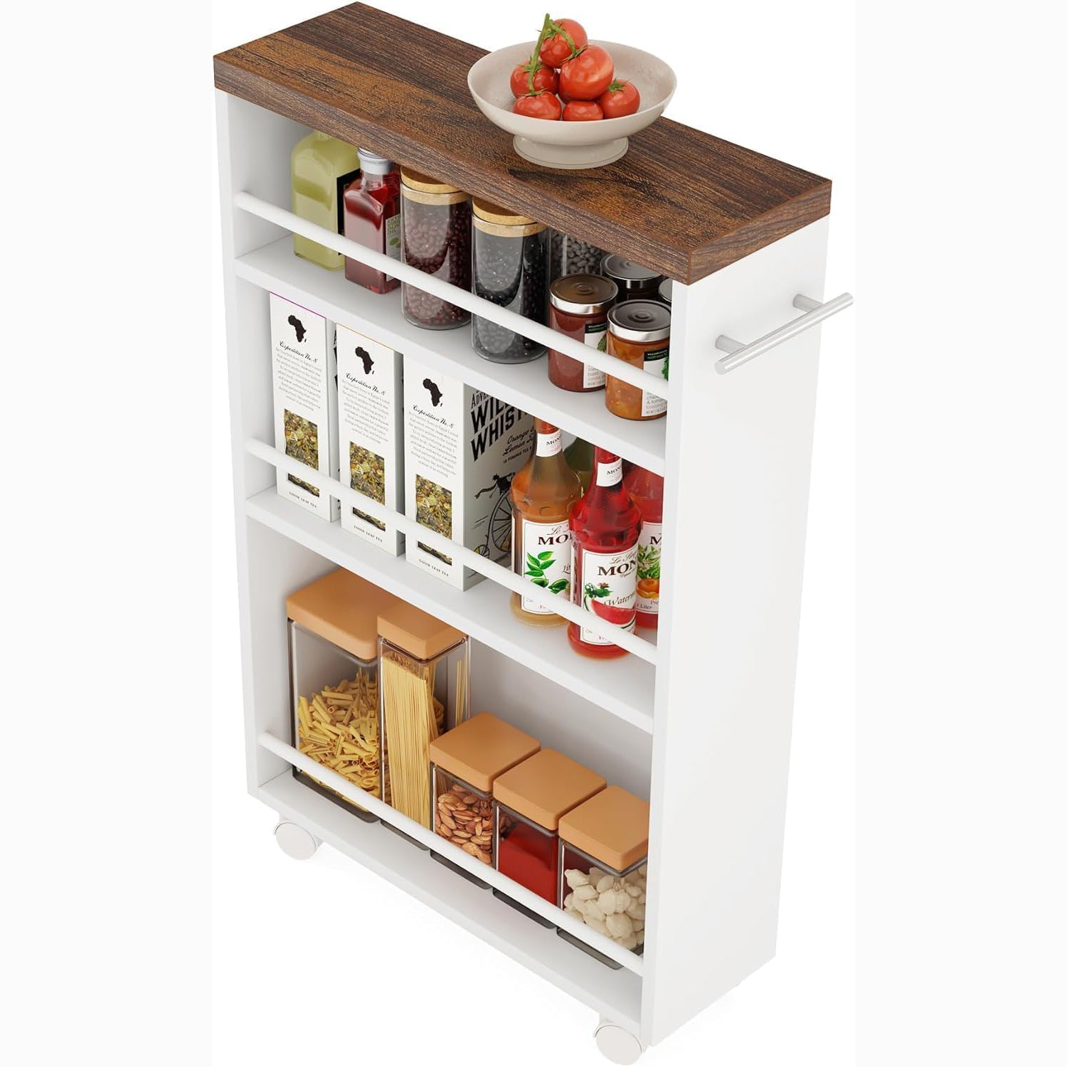 Slanke Opbergwagen van 4 Verdiepingen, Uittrekbare Keukentrolley op Wielen voor Kleine Ruimtes