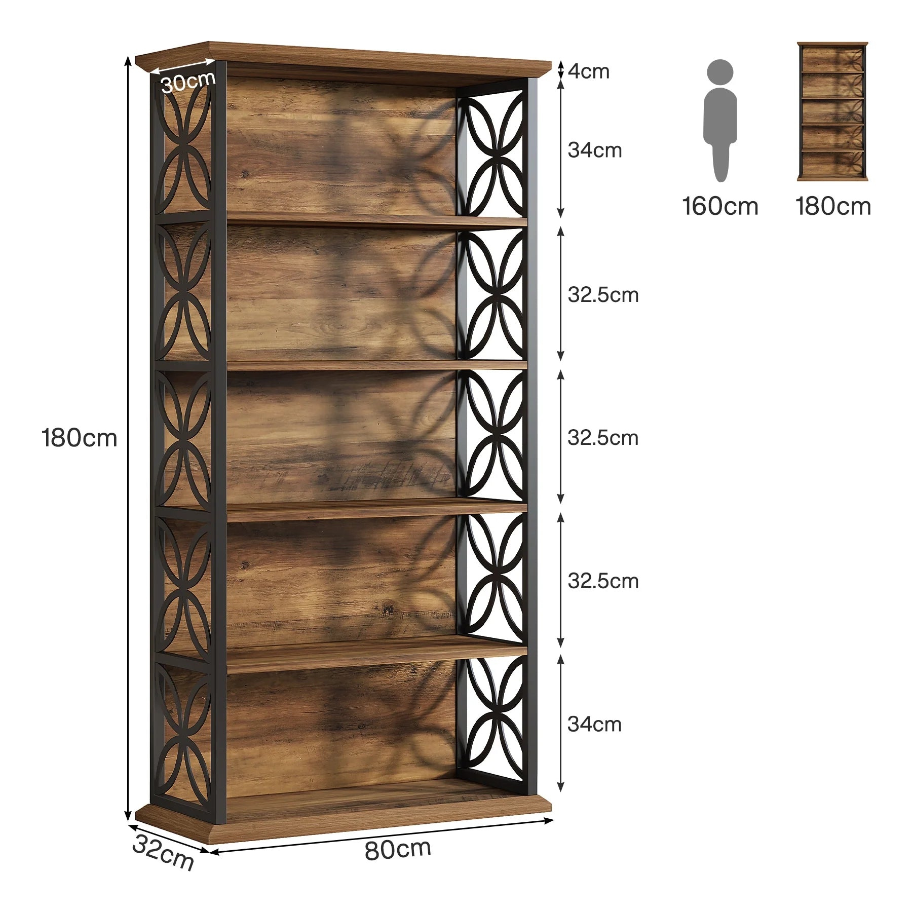180 cm Industriële Boekenkast, 6 Open Rekken met Metaal Frame voor Elke Ruimte