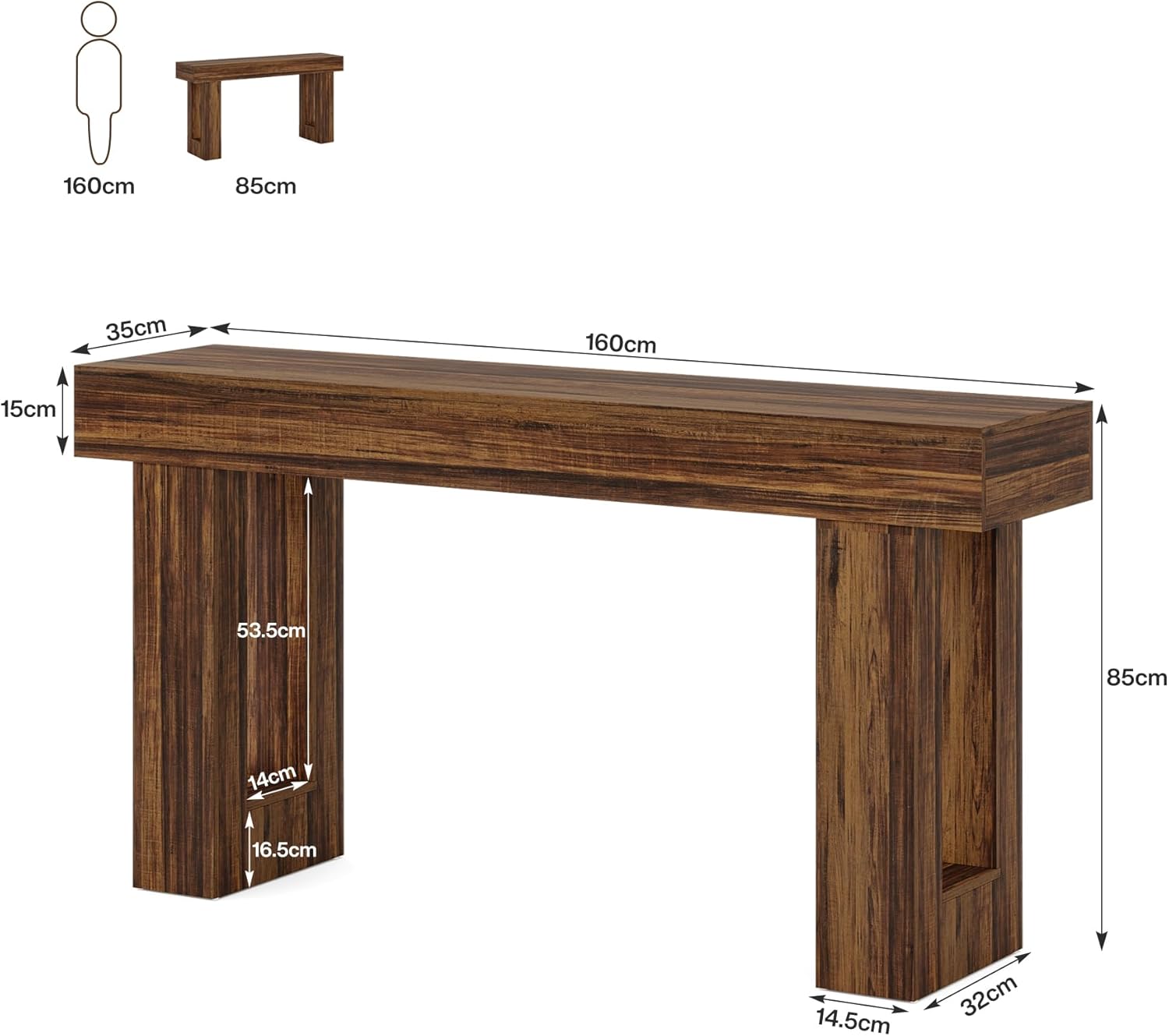 160 cm Landelijke Consoletafel, Rechthoekige Houten Banktafel voor Hal en Woonkamer