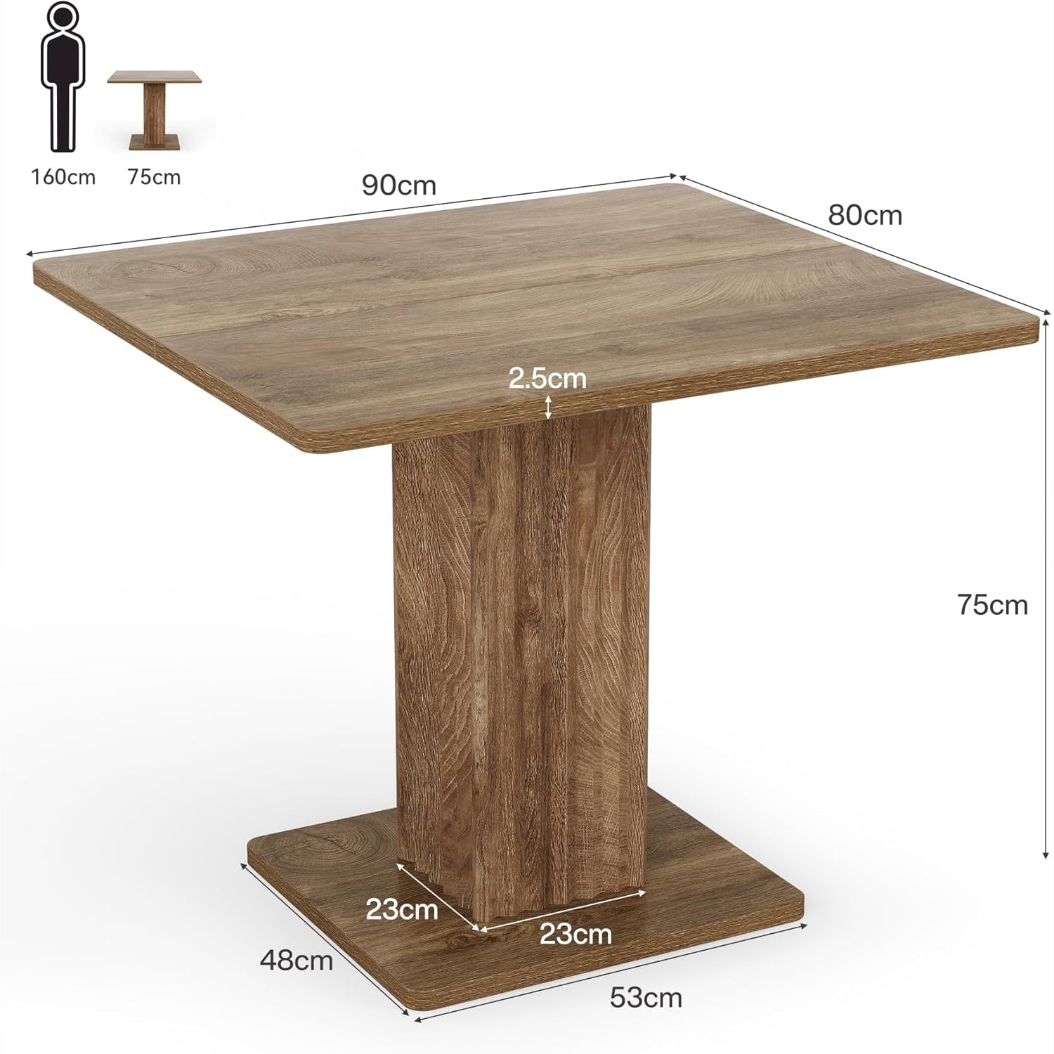90x80 cm Compacte Eettafel voor 4 Personen, Met Stevig Onderstel in Landelijke Stijl voor Keuken en Woonkamer