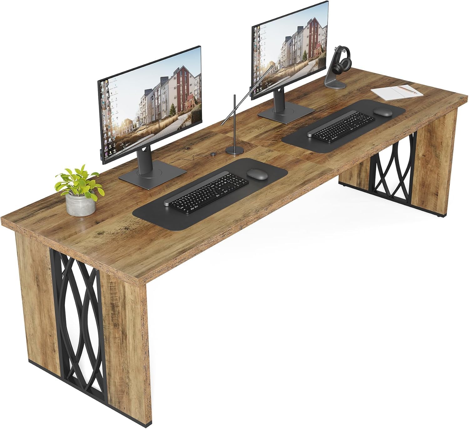 200 cm Bureau voor Twee Personen, Landelijke Lange Schrijftafel voor Thuiskantoor