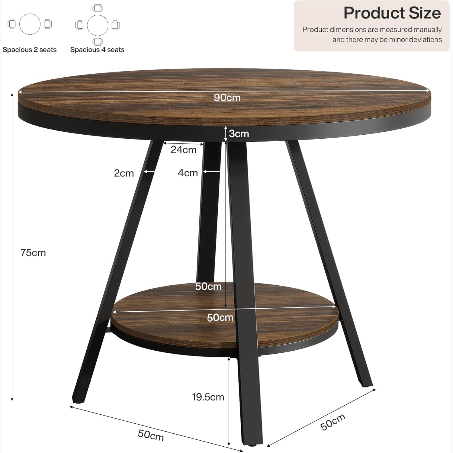 90cm Ronde Eettafel voor 4 Personen, Landhuisstijl met Metalen Poten voor Keuken en Woonkamer in Bruin