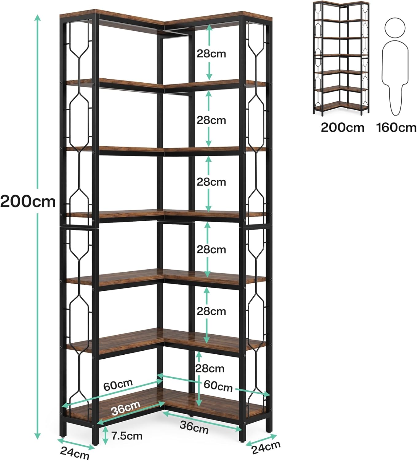 200 cm Hoge Industriële Hoekkast, 7-Lags Hoekwandplanken in Rustiek Bruin voor Woonkamer en Kantoor