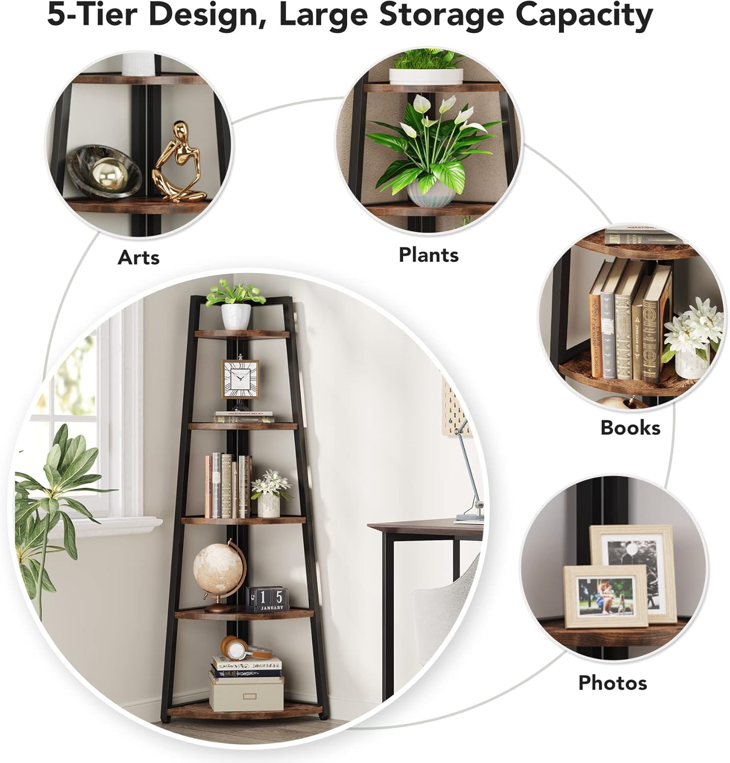 178 cm Hoekrek met 5 Lagen in Rustiek Bruin, Industriële Hoekboekenkast en Plantenstandaard voor Woonkamer en Thuiskantoor