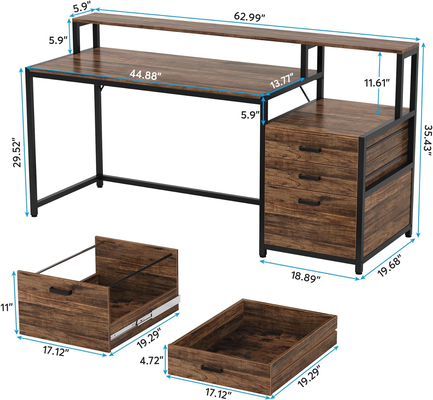 160 cm Kantoor Bureau, Industriële Computer Tafel met Monitor Stand en Printerruimte