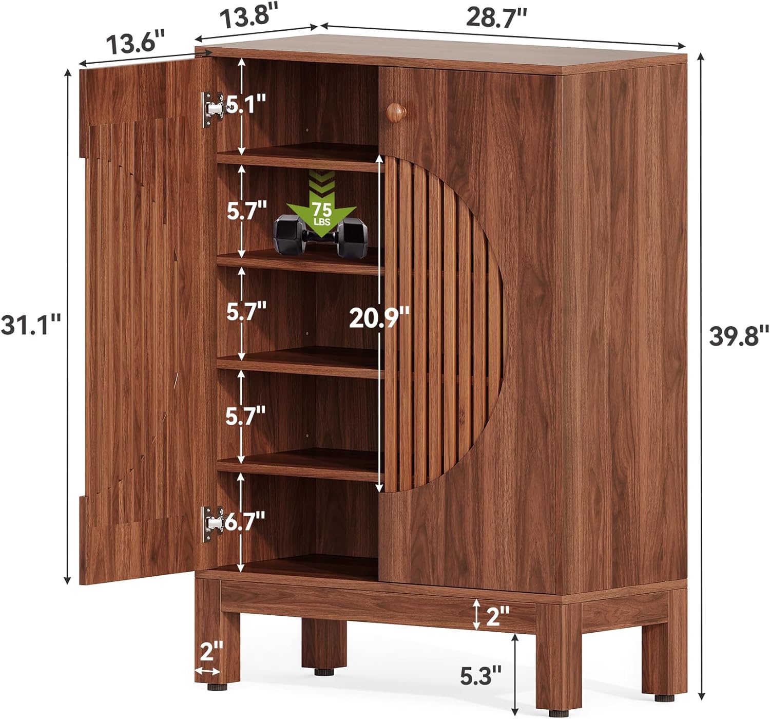 101 cm Hoge Schoencabinet met 5 Planken, Boerse Opbergkast met Verstelbare Planken voor Hal en Woonkamer