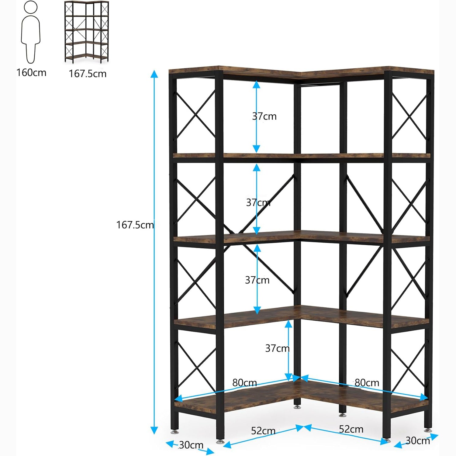 180 cm Moderne Hoekboekenkast, 5 Planken met Metaal Frame in Bruine Afwerking