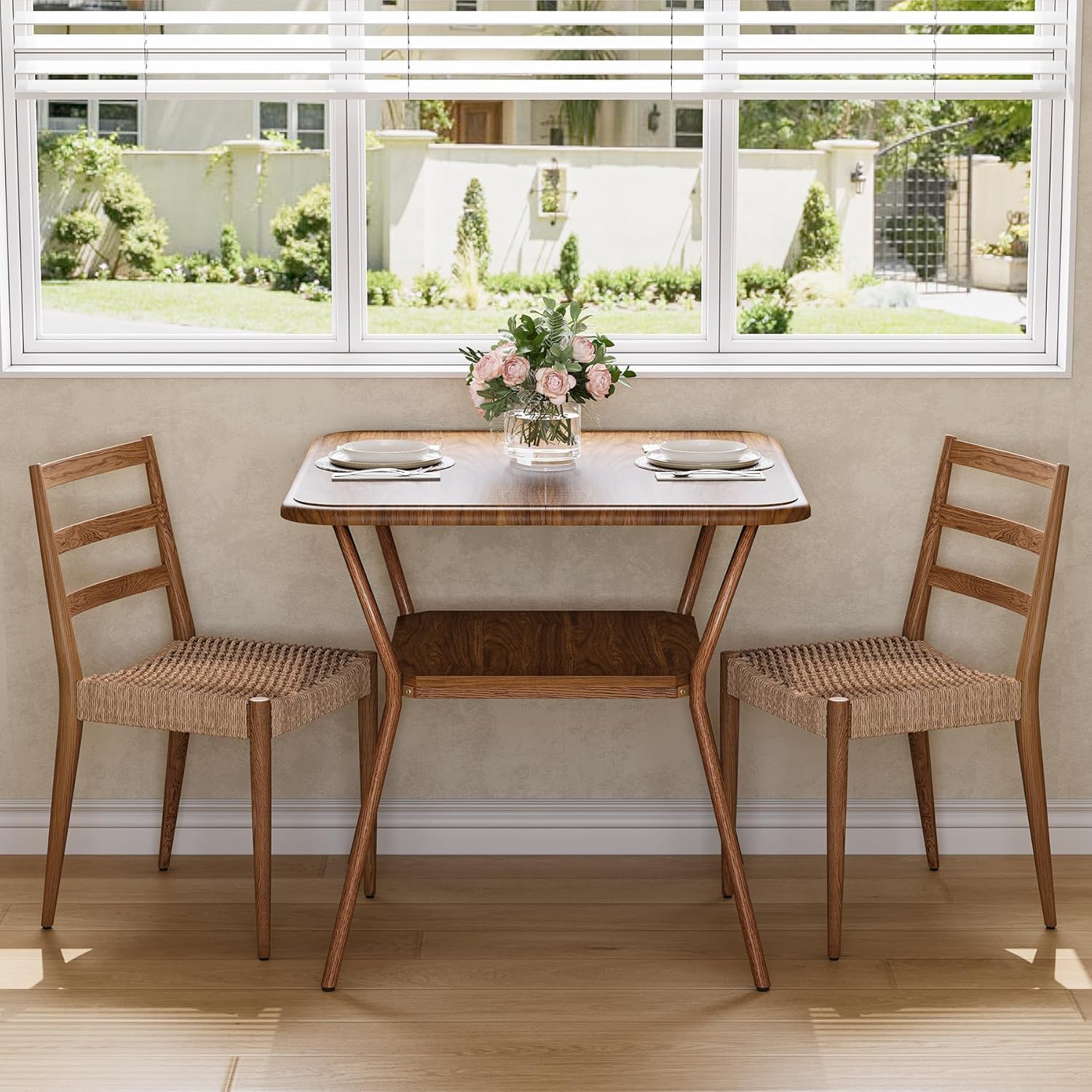 80cm Vierkante Eettafel voor 2-4 Personen, Met Kindveilige Afgeronde Hoeken en Dubbel Opbergrek in Walnootbruin