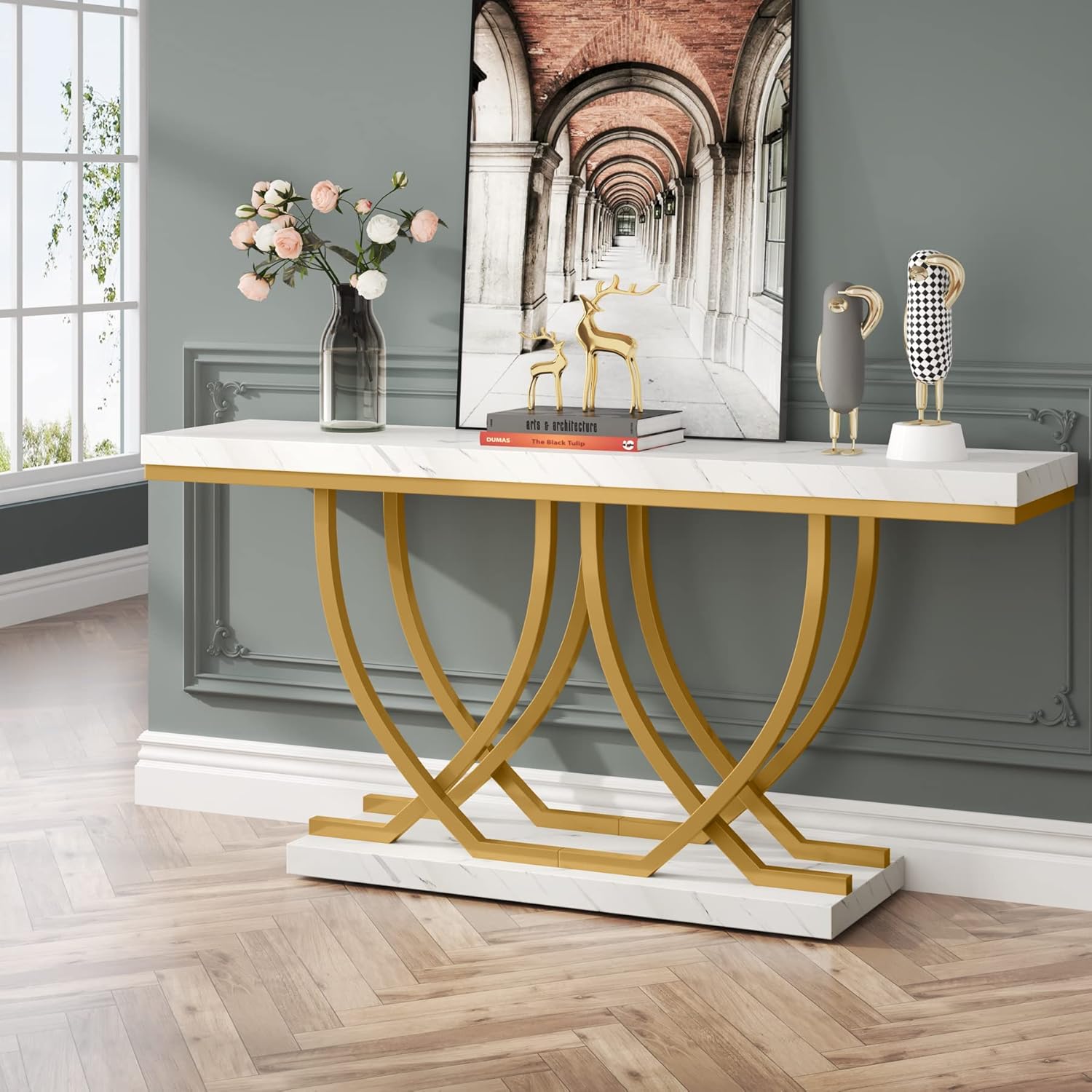 150 cm Moderne Console met Marmer Look, Gouden Metalen Frame voor Entree en Woonkamer