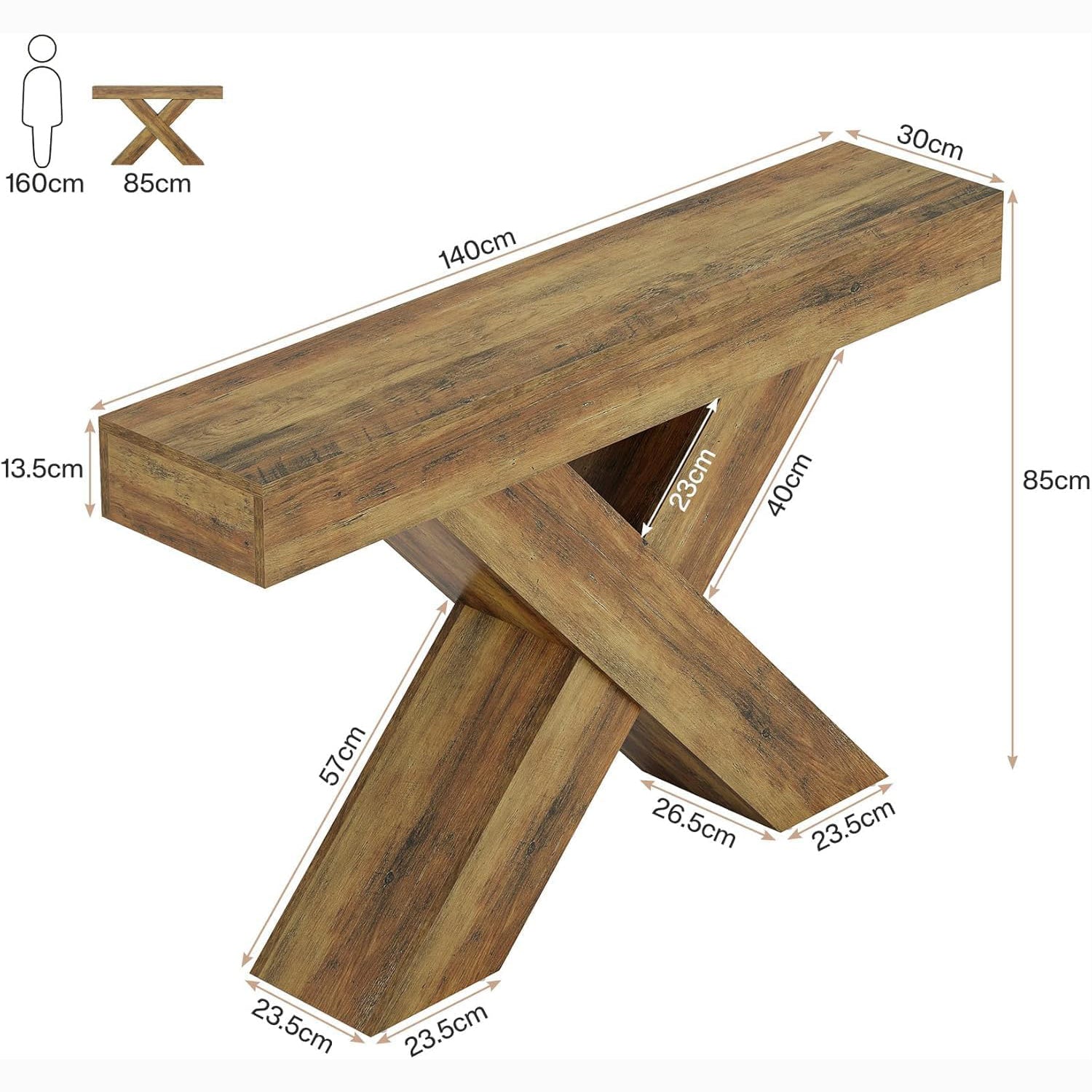 Landelijke consoletafel van 140 cm met X-frame, rustiek bruine haltafel voor woonkamer en entree