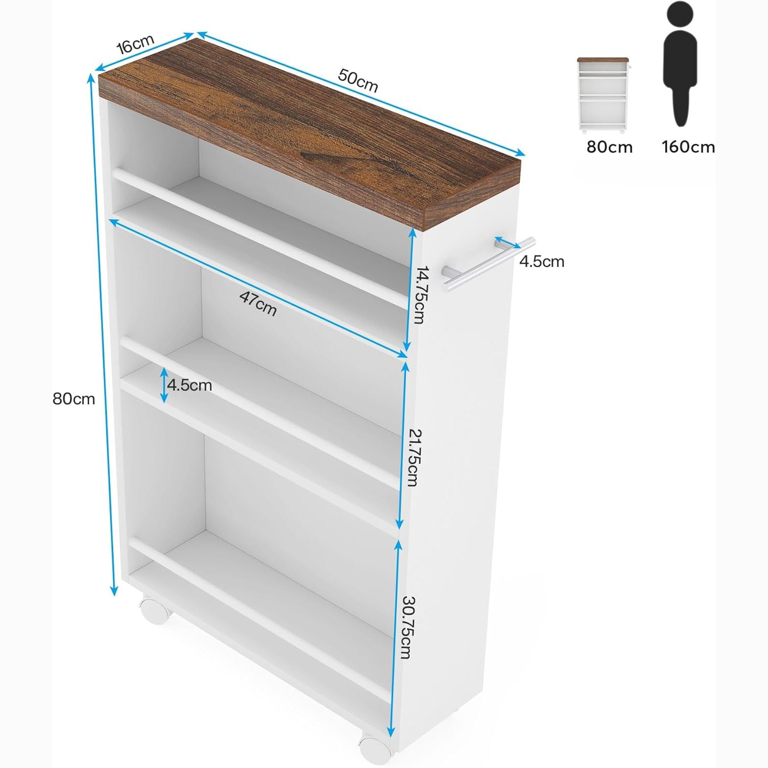 Slanke Opbergwagen van 4 Verdiepingen, Uittrekbare Keukentrolley op Wielen voor Kleine Ruimtes