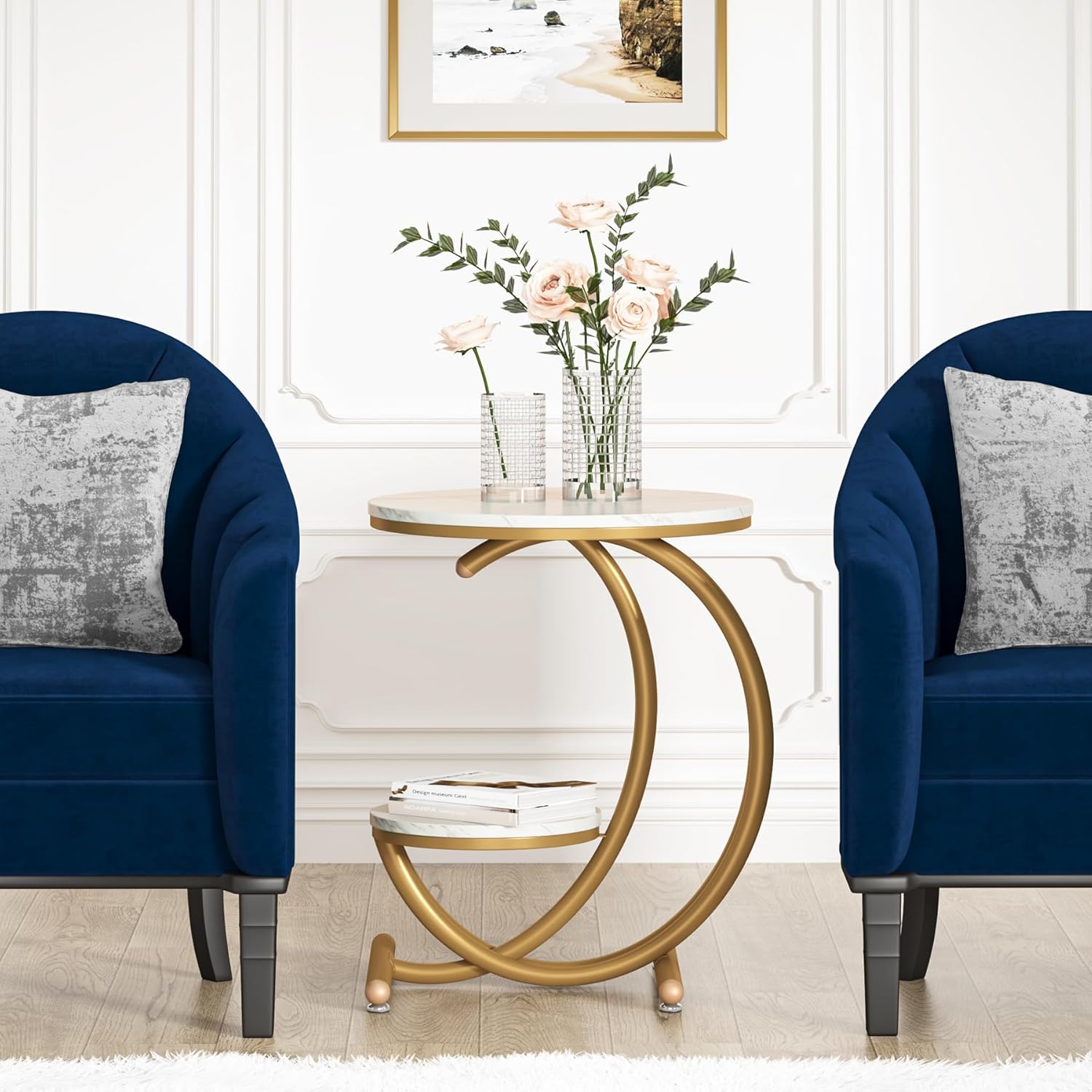 Moderne Bijzettafel met Marmerlook, Ronde Design Tafel met 2 Etages en C-vormige Poten voor Woonkamer