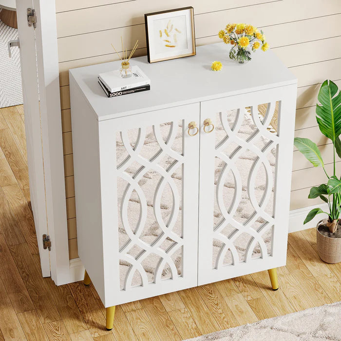 100 cm Hoge Schoenenkast, Witte Opbergmeubel met Spiegel en Deuren voor Hal of Slaapkamer