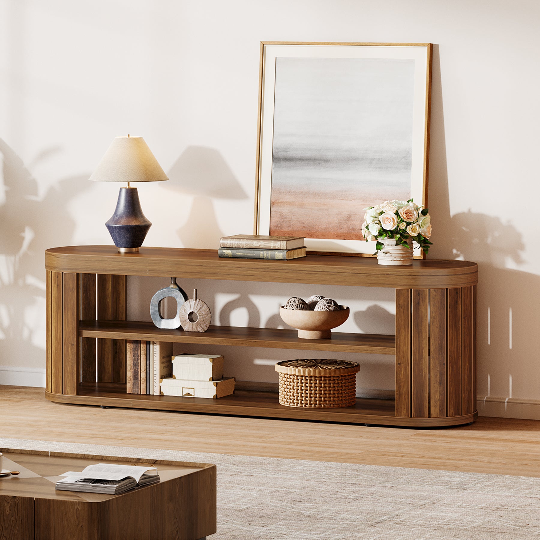 120 cm TV Meubel voor TV tot 55 Inch, Ovale Media Tafel met 2 Niveaus Opbergruimte voor Woonkamer Slaapkamer