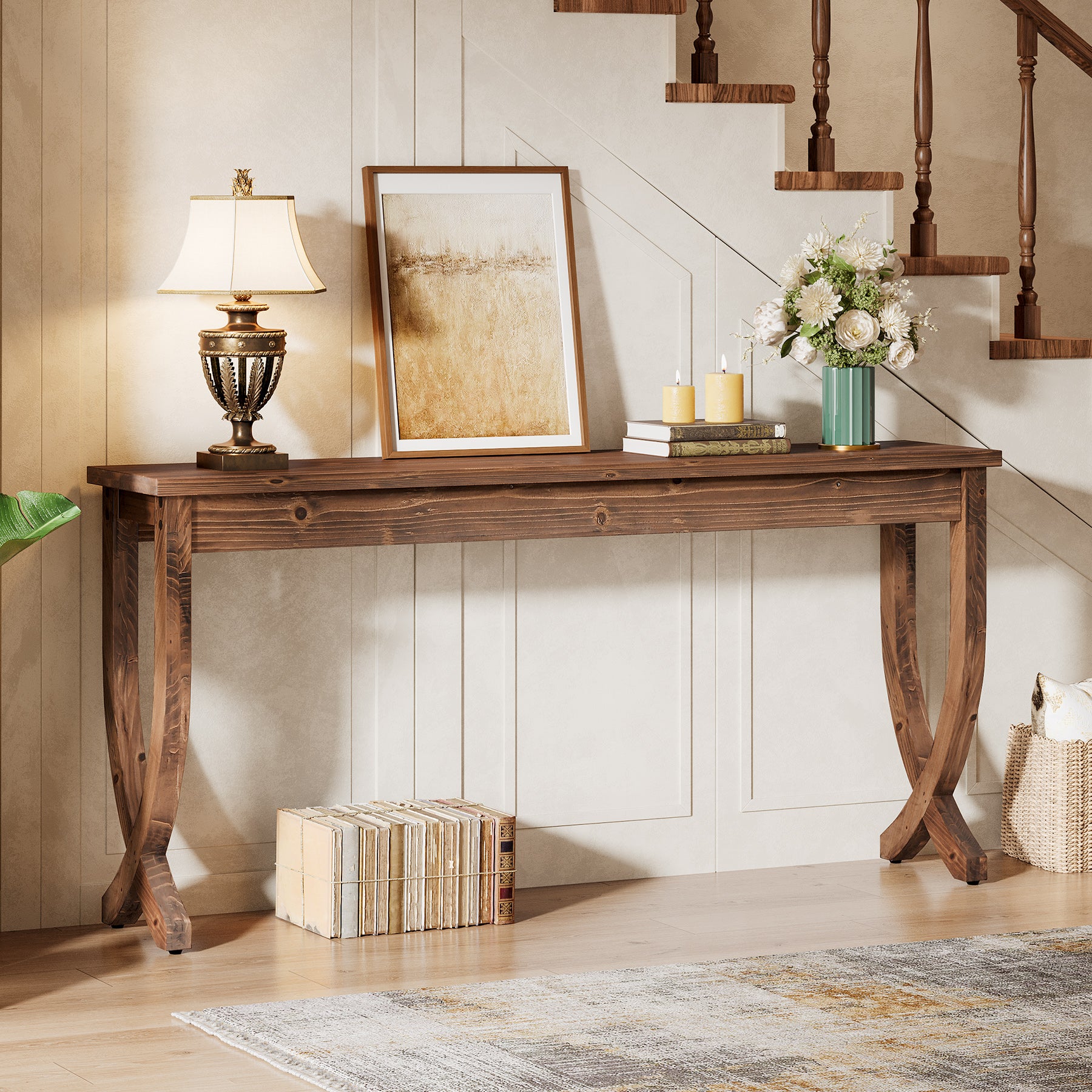 160 cm Massief Houten Consoletafel in Landelijke Stijl, Lange Haltafel voor Woonkamer