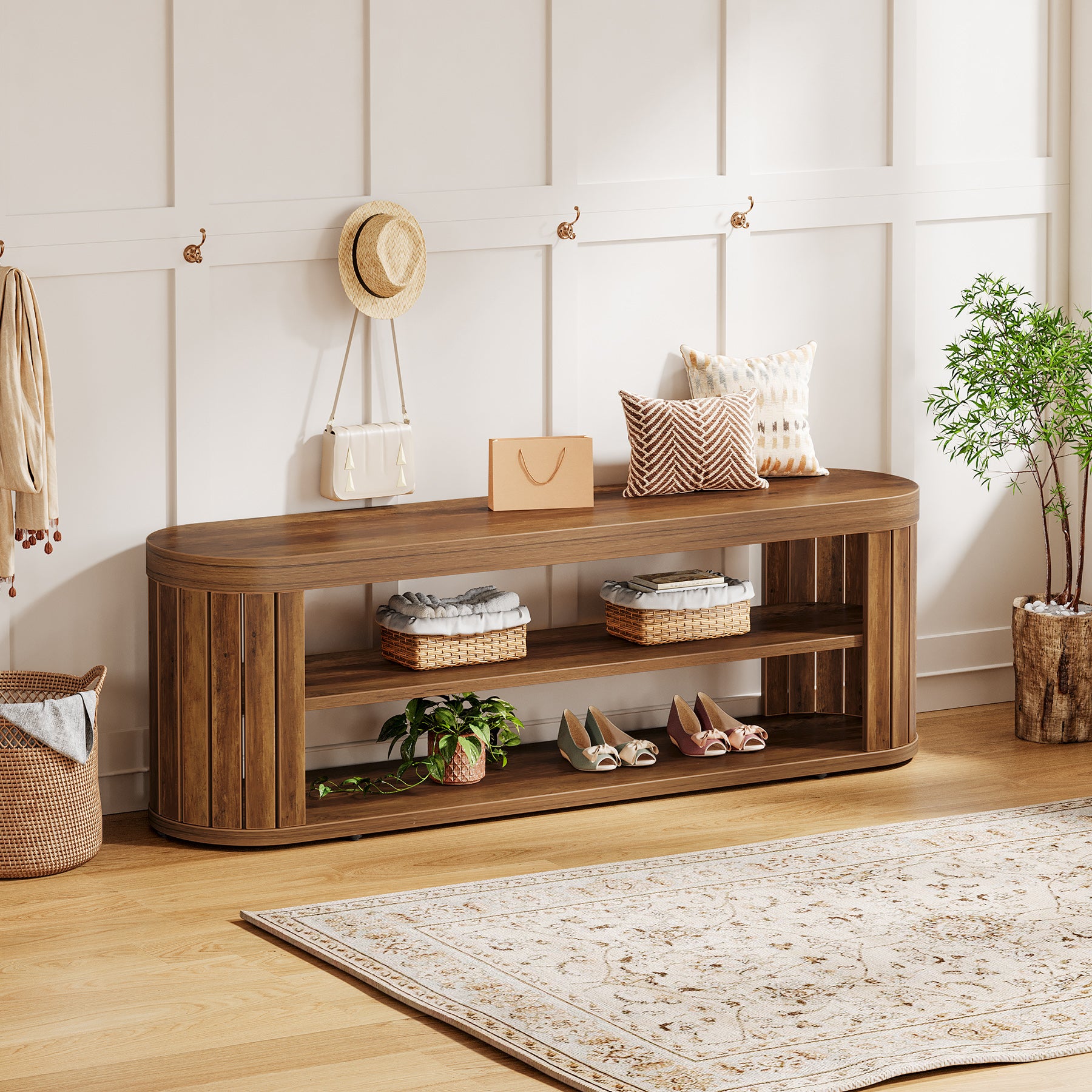 120 cm Houten Schoenenbank met 2 Niveaus Opbergruimte