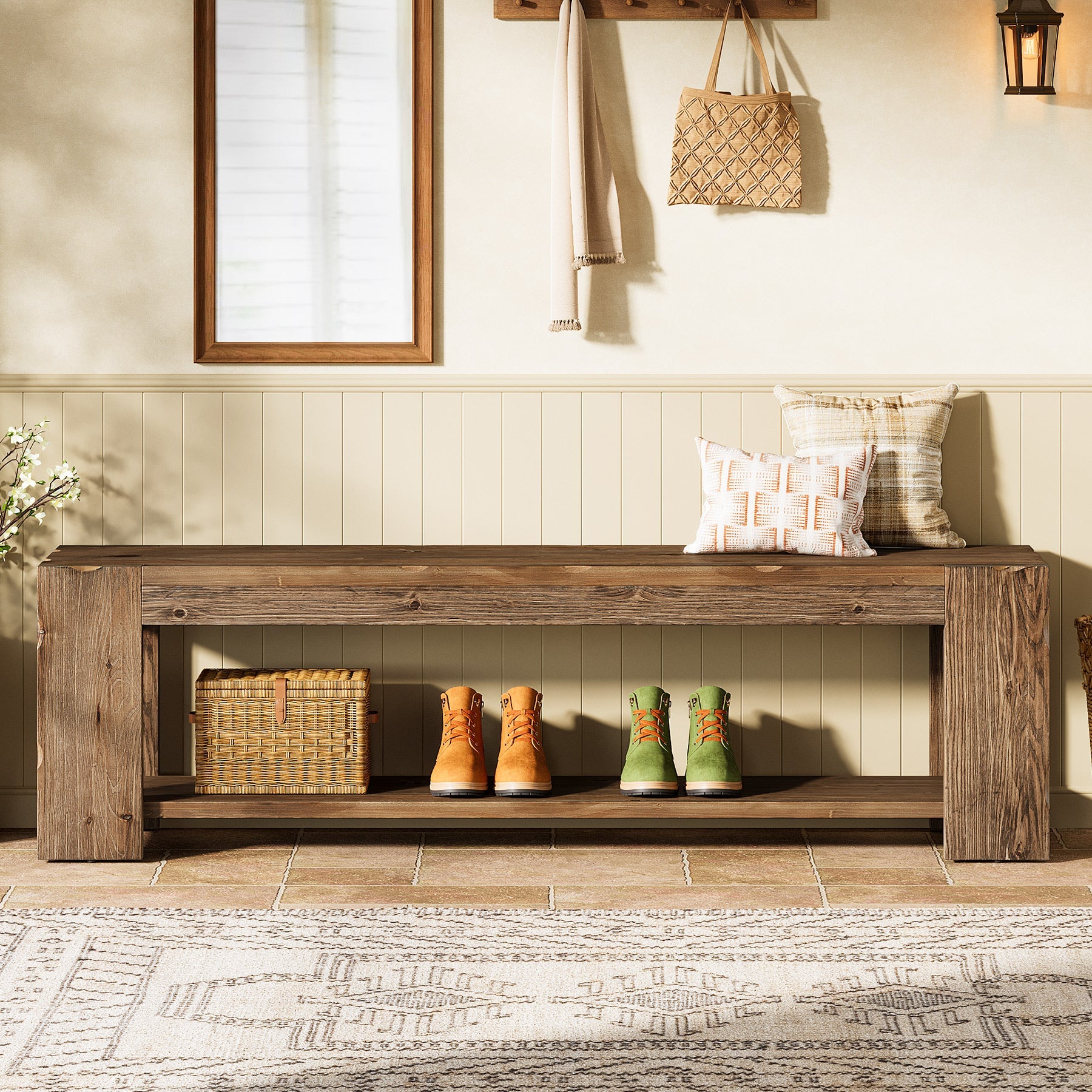 Tribesigns massief houten schoenenbank 140 cm met opbergplank, 2-niveaus gangbank voor de entree
