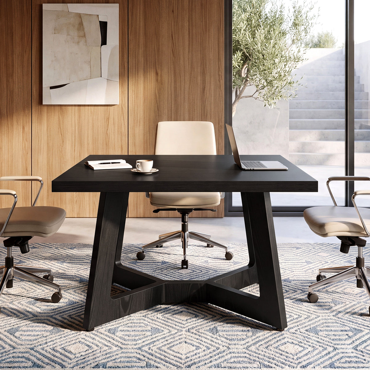 100 cm vierkante vergadertafel voor 2-4 personen met zwart design en stevige trapeziumpoten, kantoortafel voor kantoor