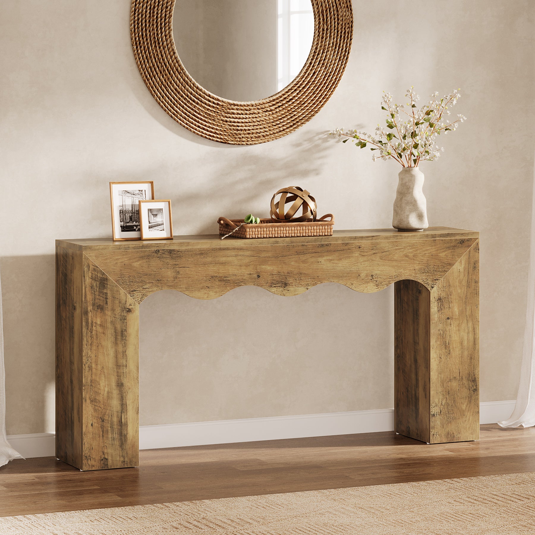 160 cm Consoletafel met Golvende Rand, Landelijke Smalle Haltafel met Opbergruimte voor Woonkamer Entree