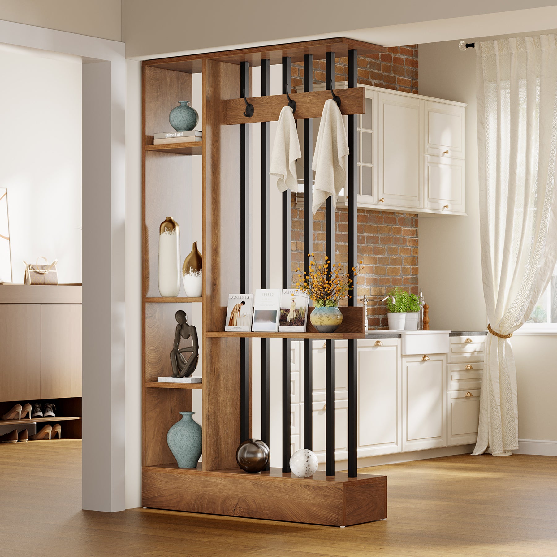 Tribesigns 180 cm Roomdivider Kast, Vrijstaande Scheidingswand met Haken