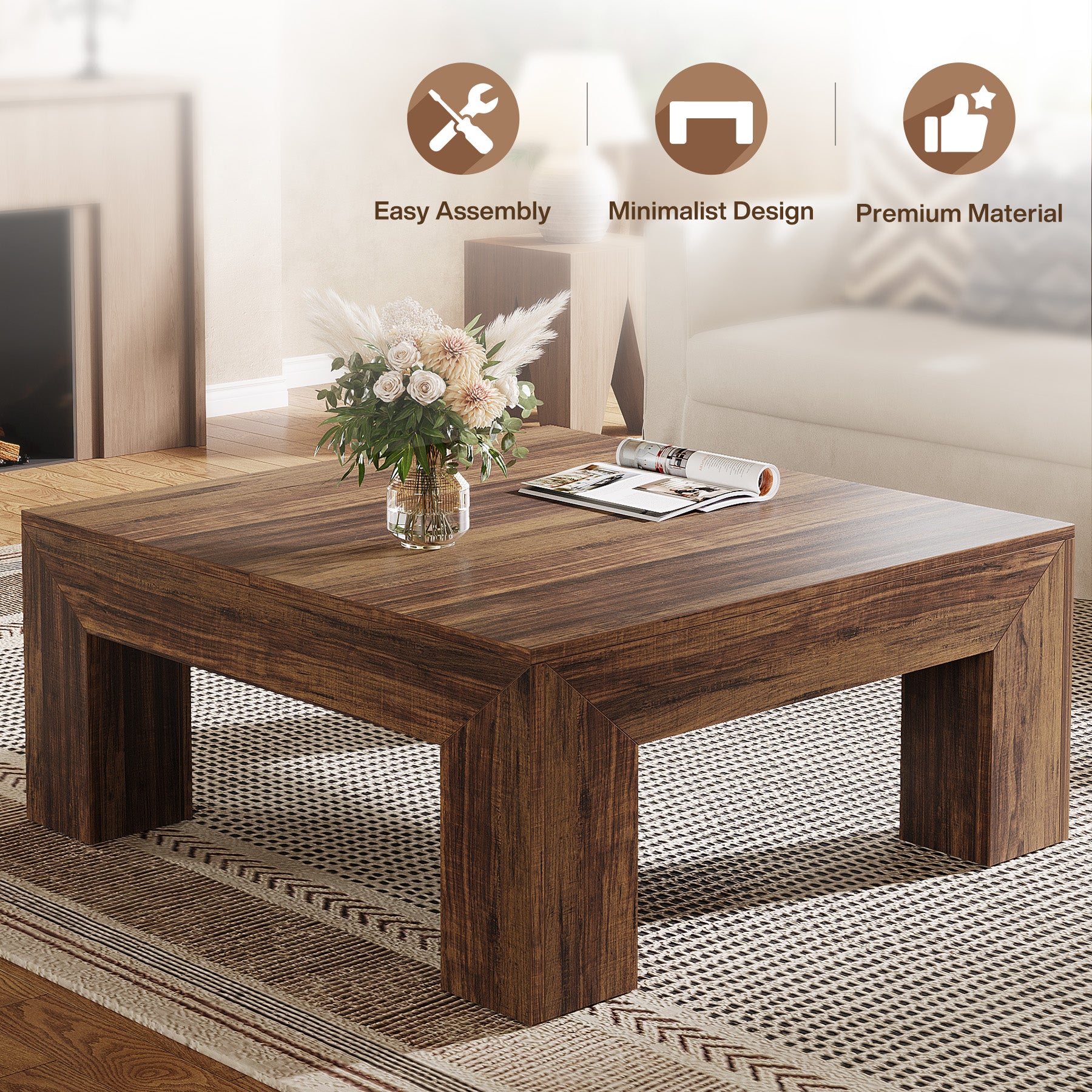 Vierkante Salontafel van 100 cm in Landelijke Stijl, Lage Stevige Centertafel voor Woonkamer in Rustiek Bruin